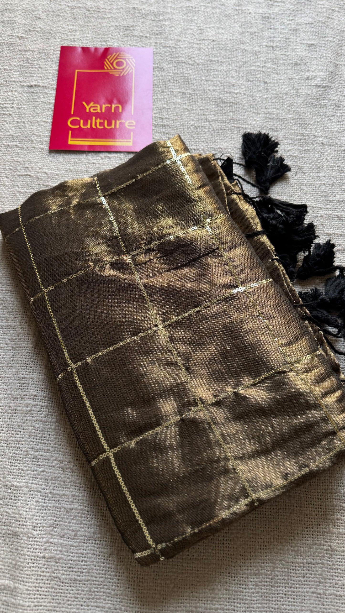 Bronze with black border, checkered sequins work, mul tissue - YCBCMCJA08