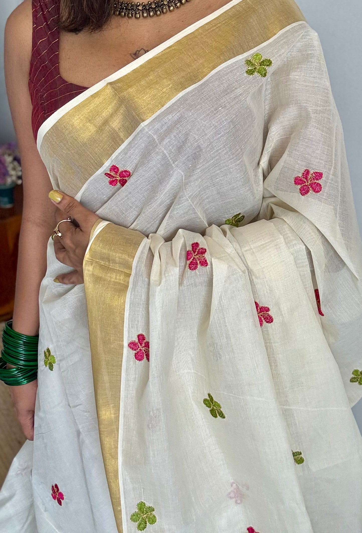 Ivory and gold saree with light green and hot pink floral embroidery - YCIEKCFE310