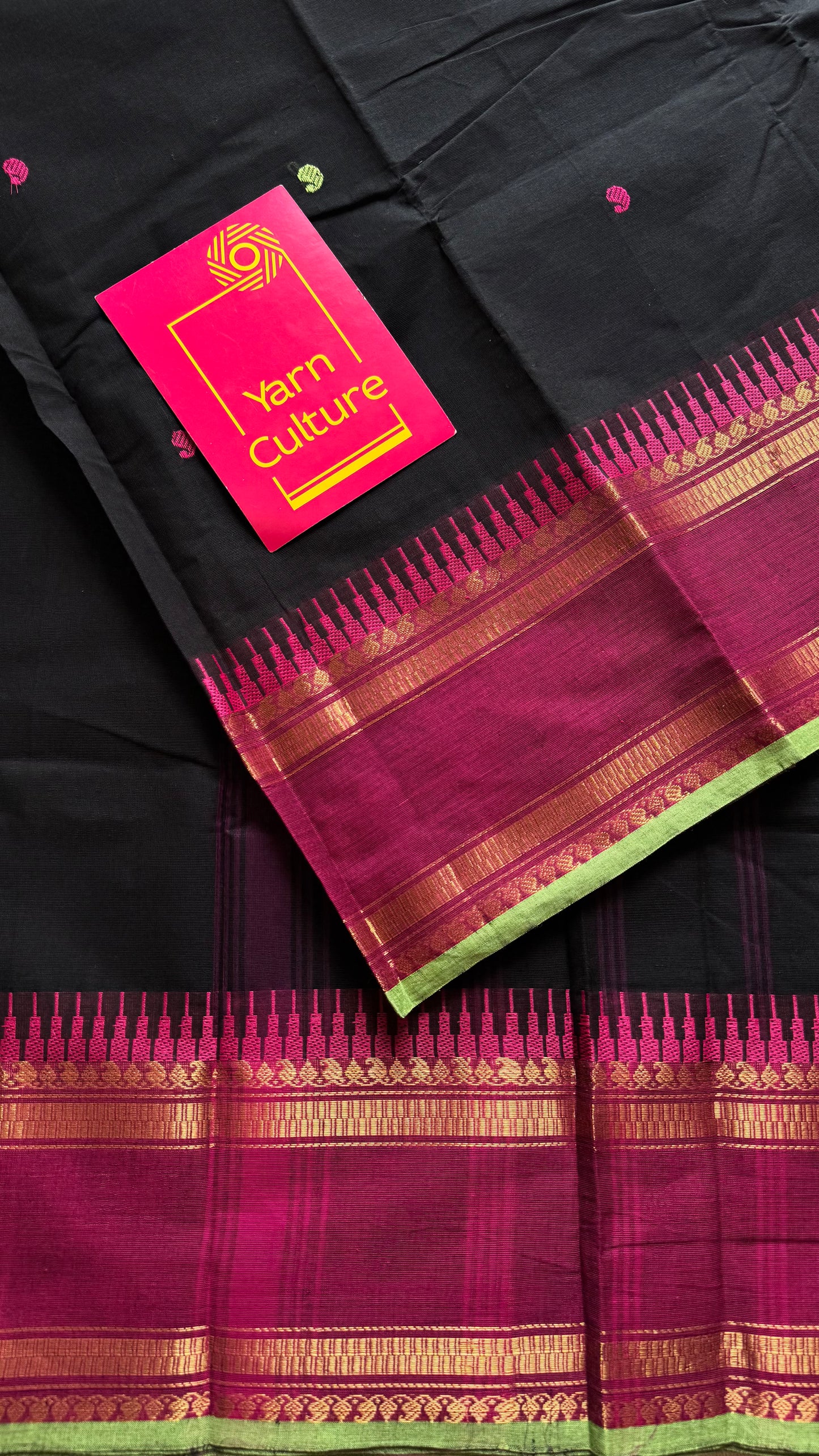 Kanchi cotton saree, black with magenta and pista green border - YCCOTNAP84