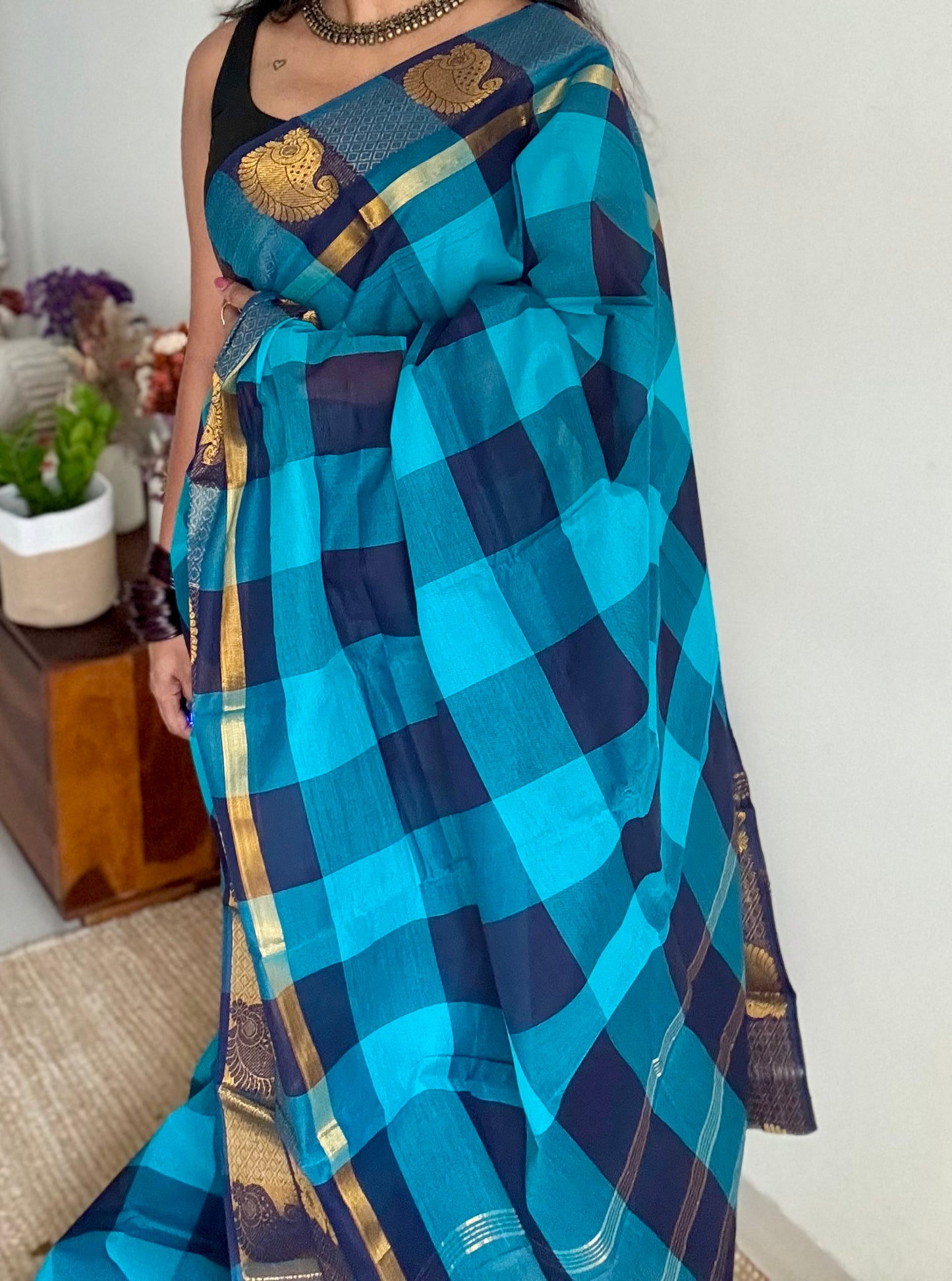 Chettinad cotton saree with sky blue and navy checks, paisley motif border - YCCOTNAP62