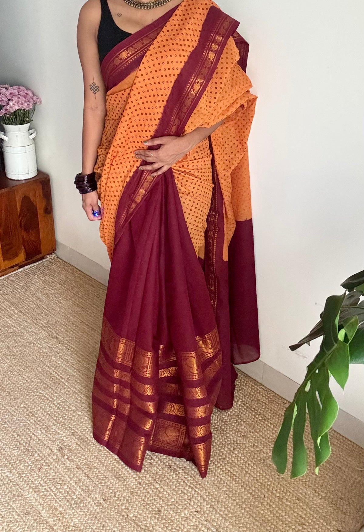 Light orange with maroon, sungudi and chettinad cotton half and half saree - YCCOTNIDOC131