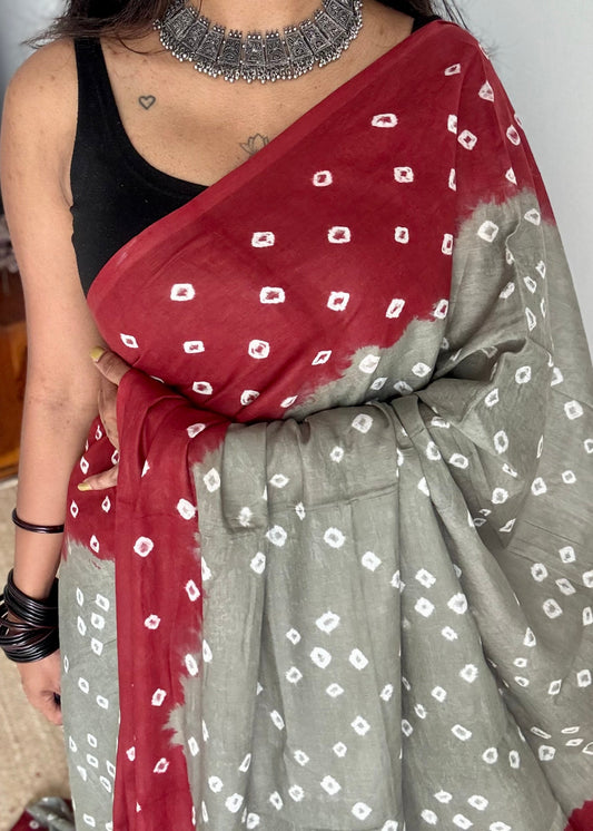 Grey with maroon Sungudi/Bandhani, soft cotton - YCCOTNSEMS74