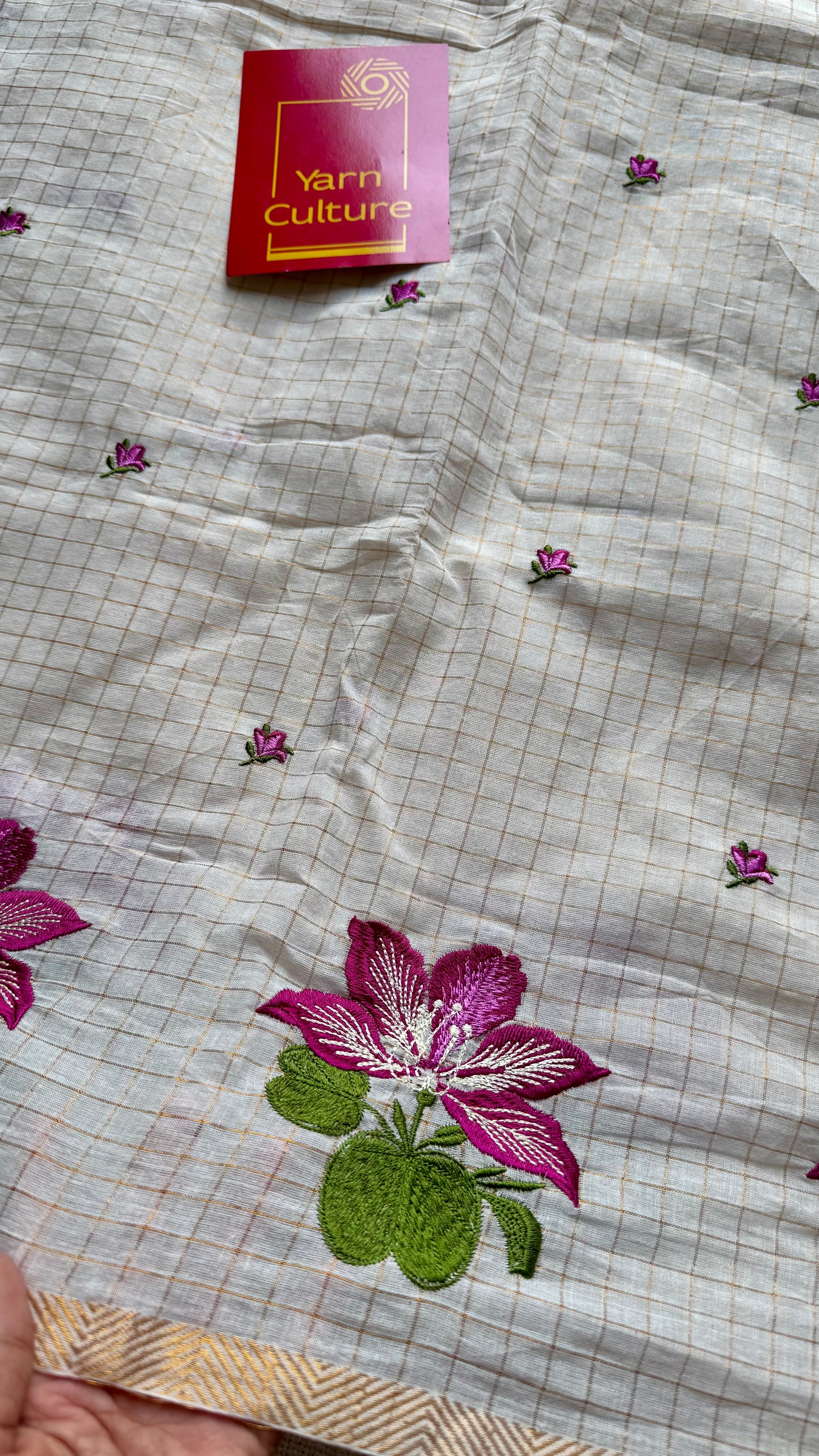 Sruthi : Mandaram - purple pink floral embroidery, ivory & gold, soft cotton in mini checks - YCIEON166