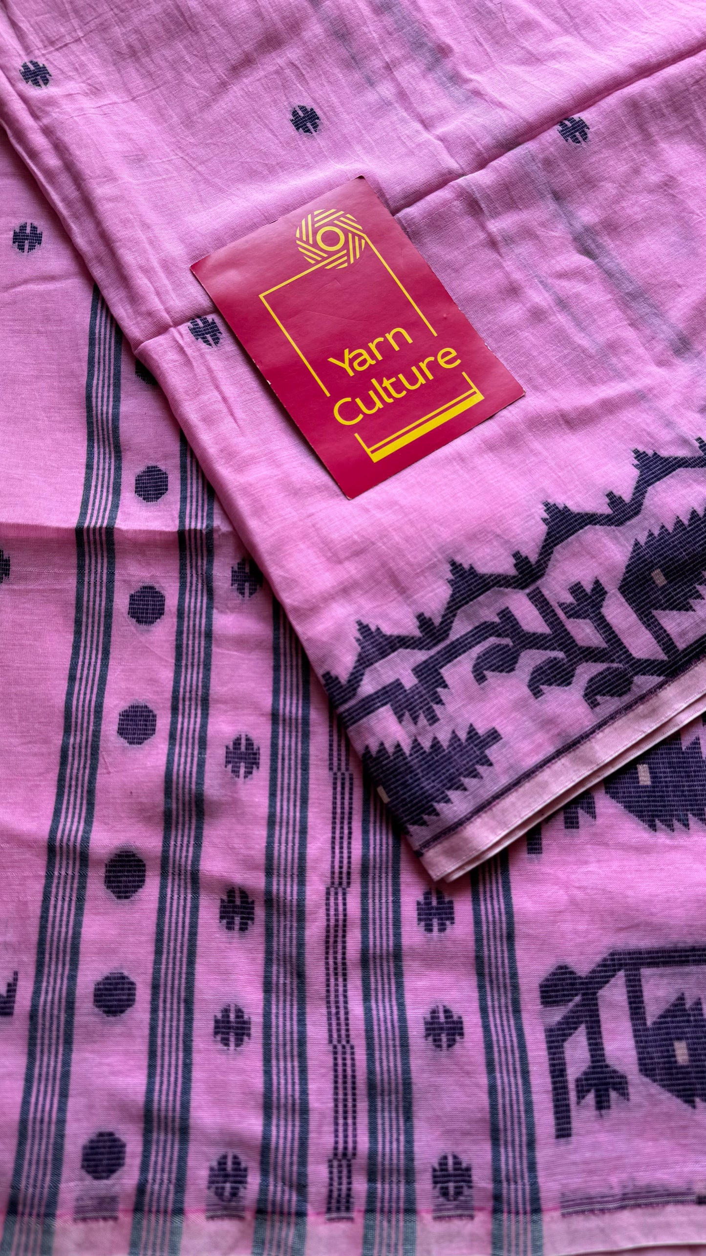 Pink with dark blue contrast jamdani saree in soft handloom cotton - YCBCJDFE379
