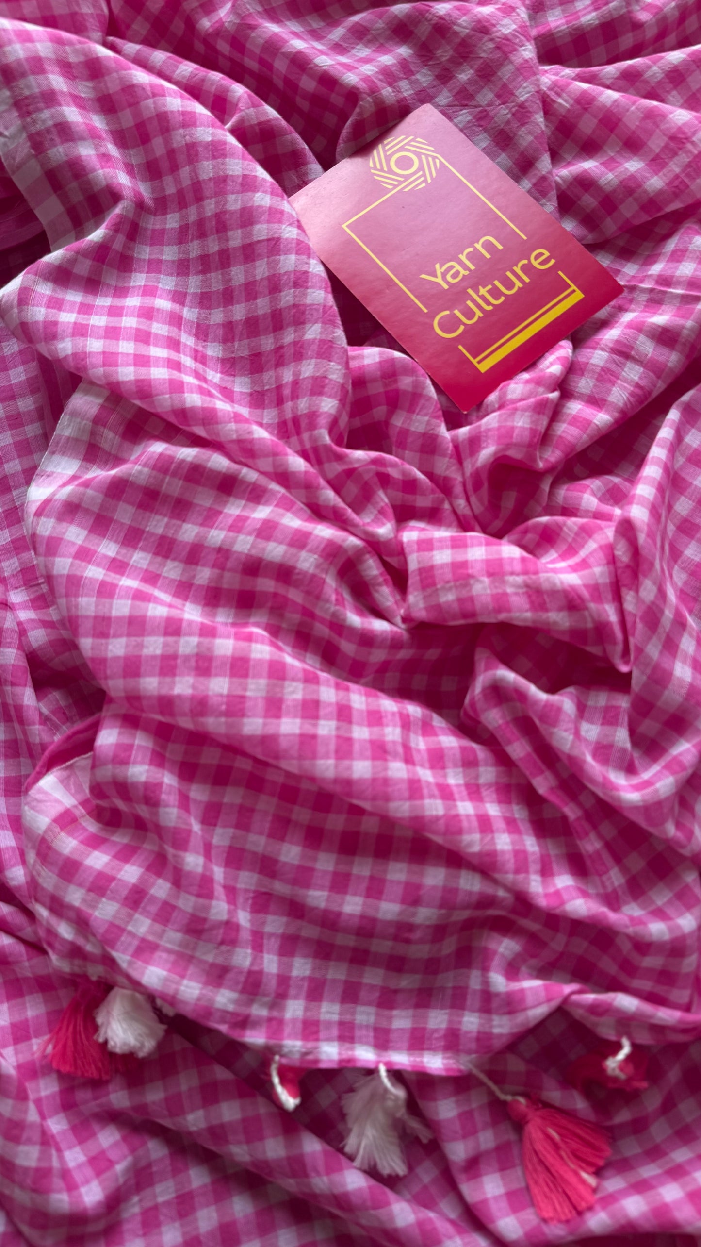 Hot pink and white checkered mul cotton saree  - YCBCMCCMA25