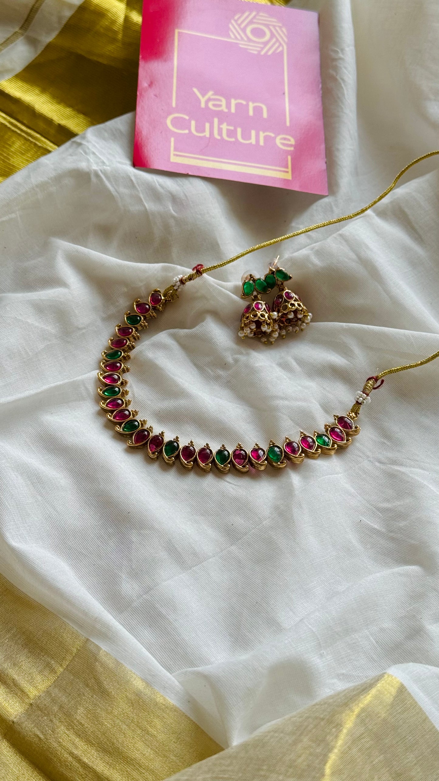 Ruby and green enamel stone neckpiece, with earrings - YCGPNP744