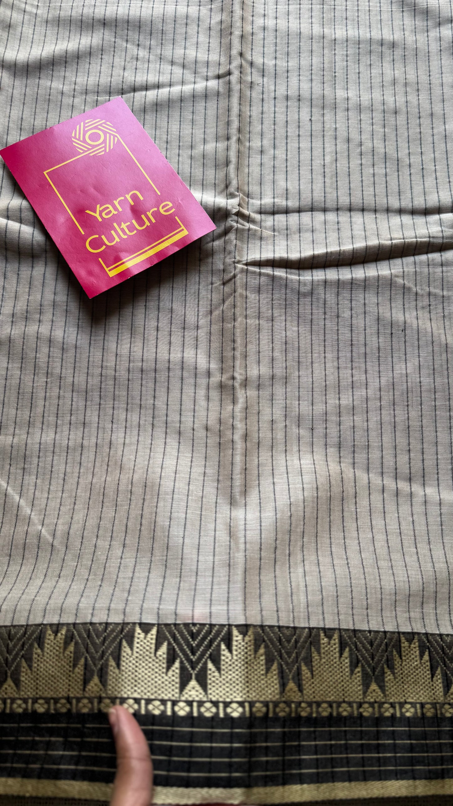 Cream striped premium narayanpet soft cotton, with temple motif and checkered border - YCWOTDNPNO83