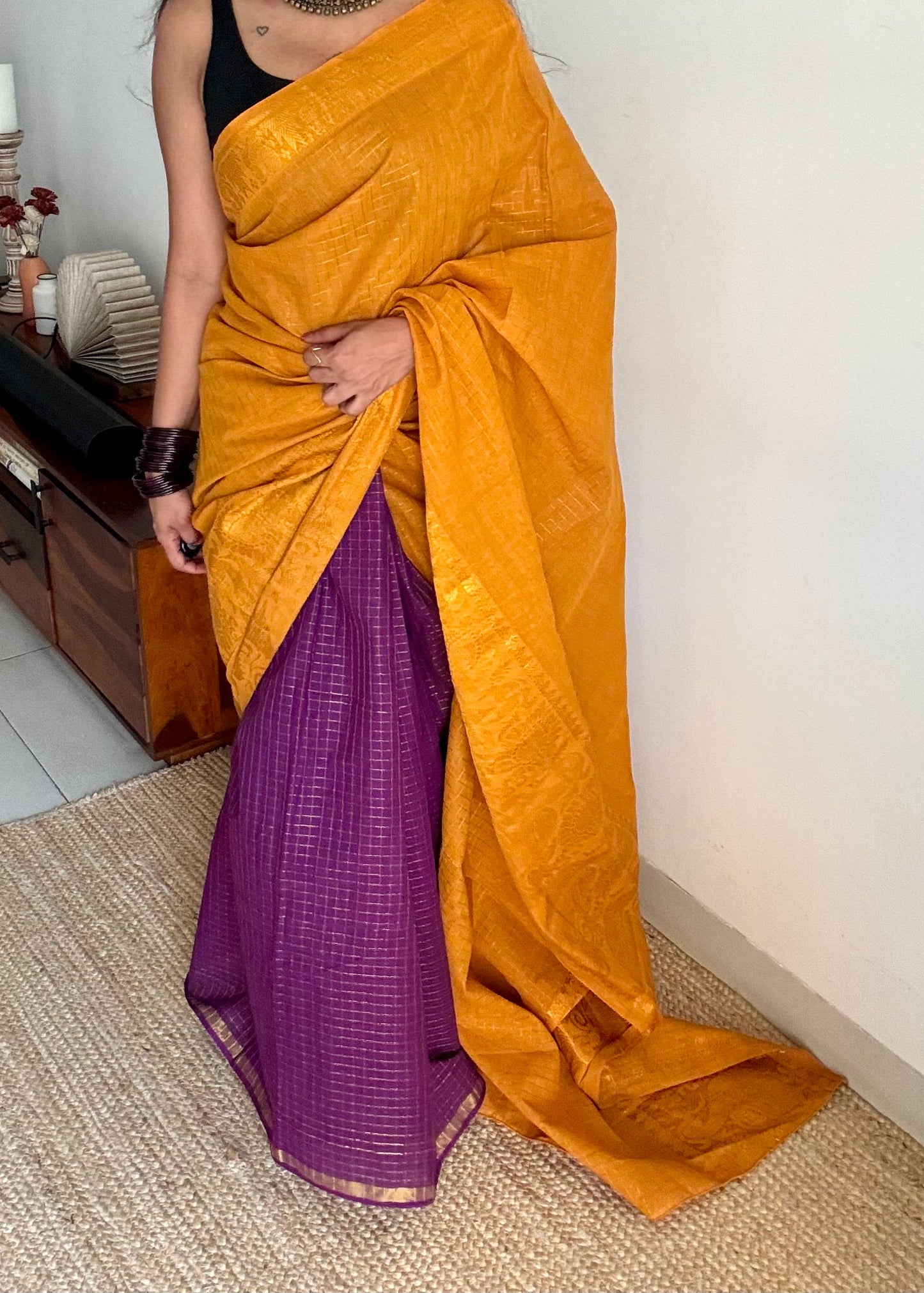 Turmeric yellow with purple, sungudi cotton half-half saree - YCCOTNIDMA316