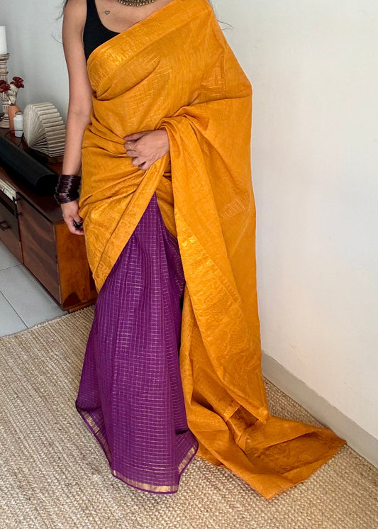 Turmeric yellow with purple, sungudi cotton half-half saree - YCCOTNIDMA316
