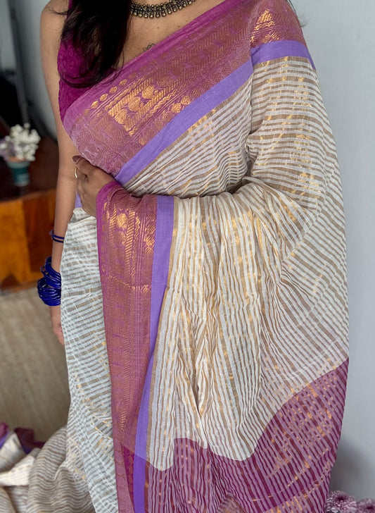 Ivory and gold stripes, purple pink brocade border, mul cotton - YCBCMCNO53