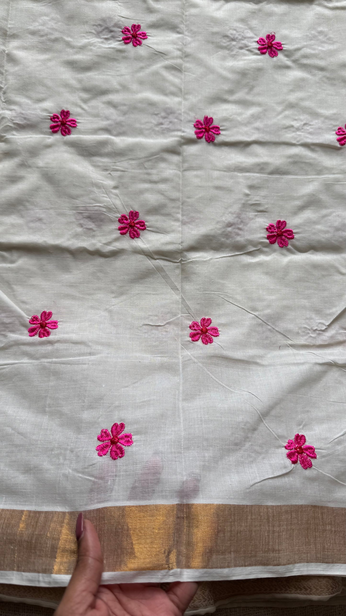 Ivory and antique gold soft cotton kasavu saree, pink parijat floral embroidery - YCIEON155
