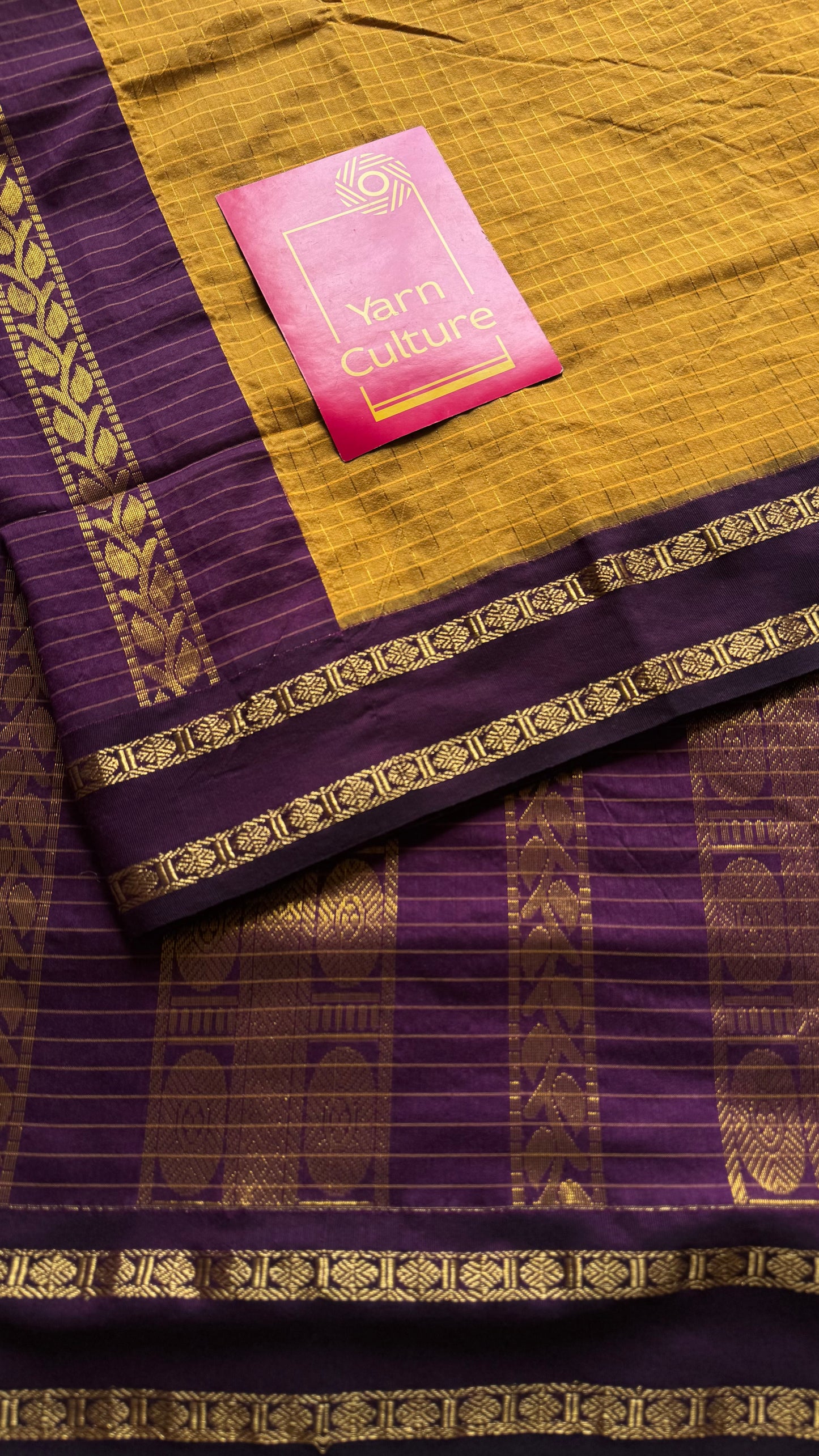 Yellow with wine contrast arani checkered saree, cotton silk - YCCOTNMA278
