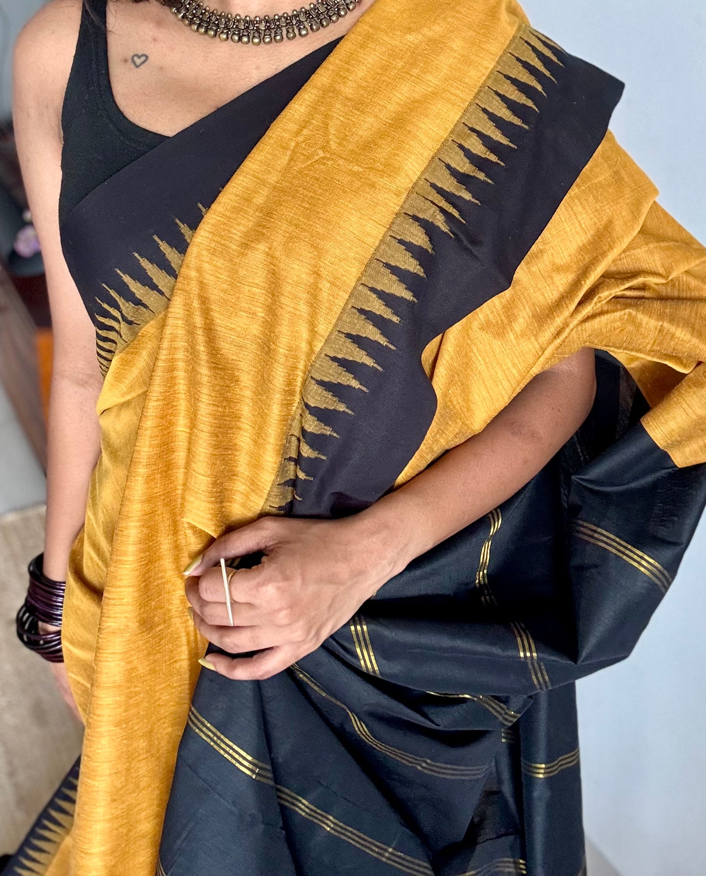 Turmeric yellow with black temple border, cotton silk - YCCOTNCSDE94