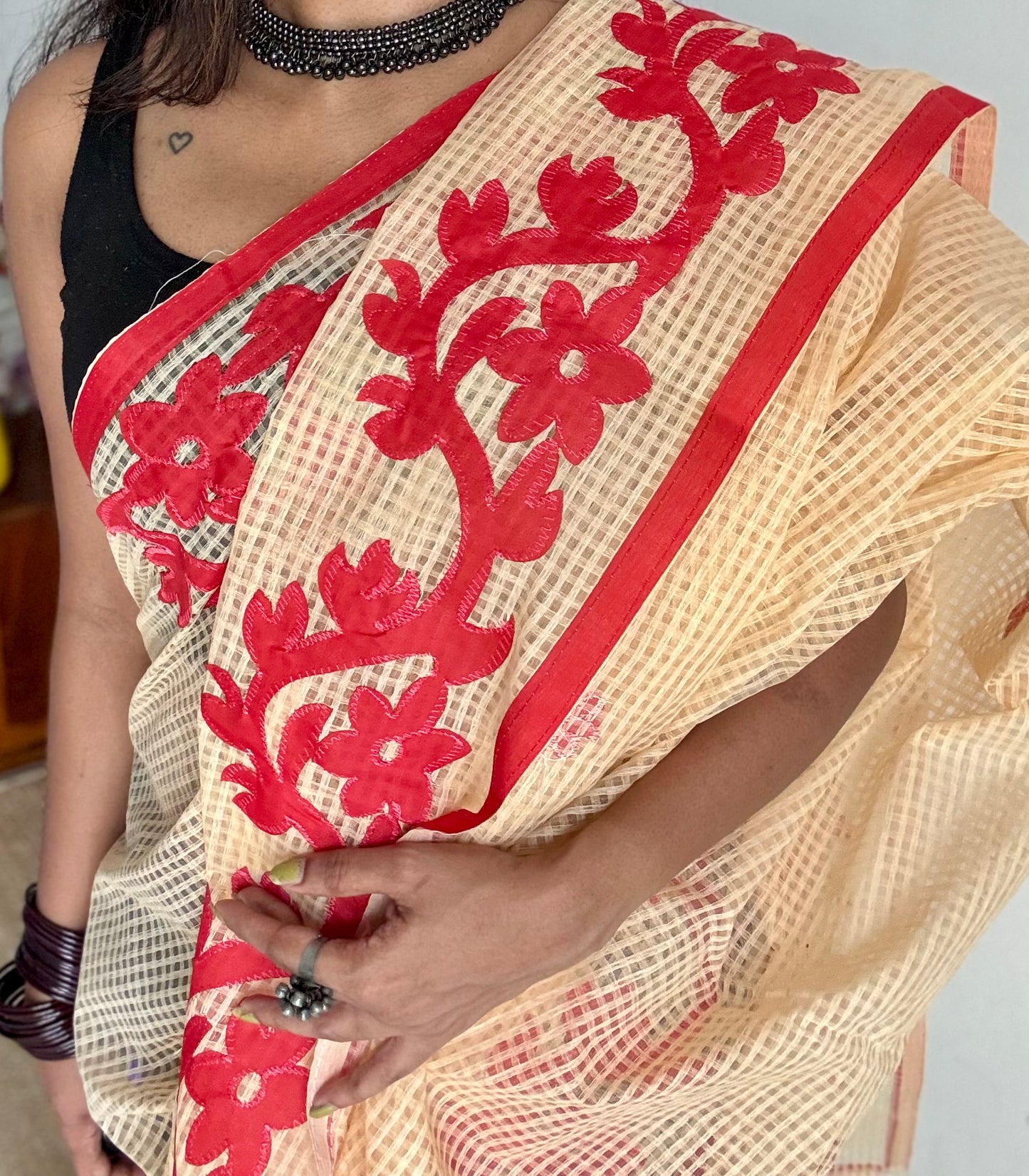 Rabdi Rose - cream kota saree with red floral cut work - YCTORKDAP14