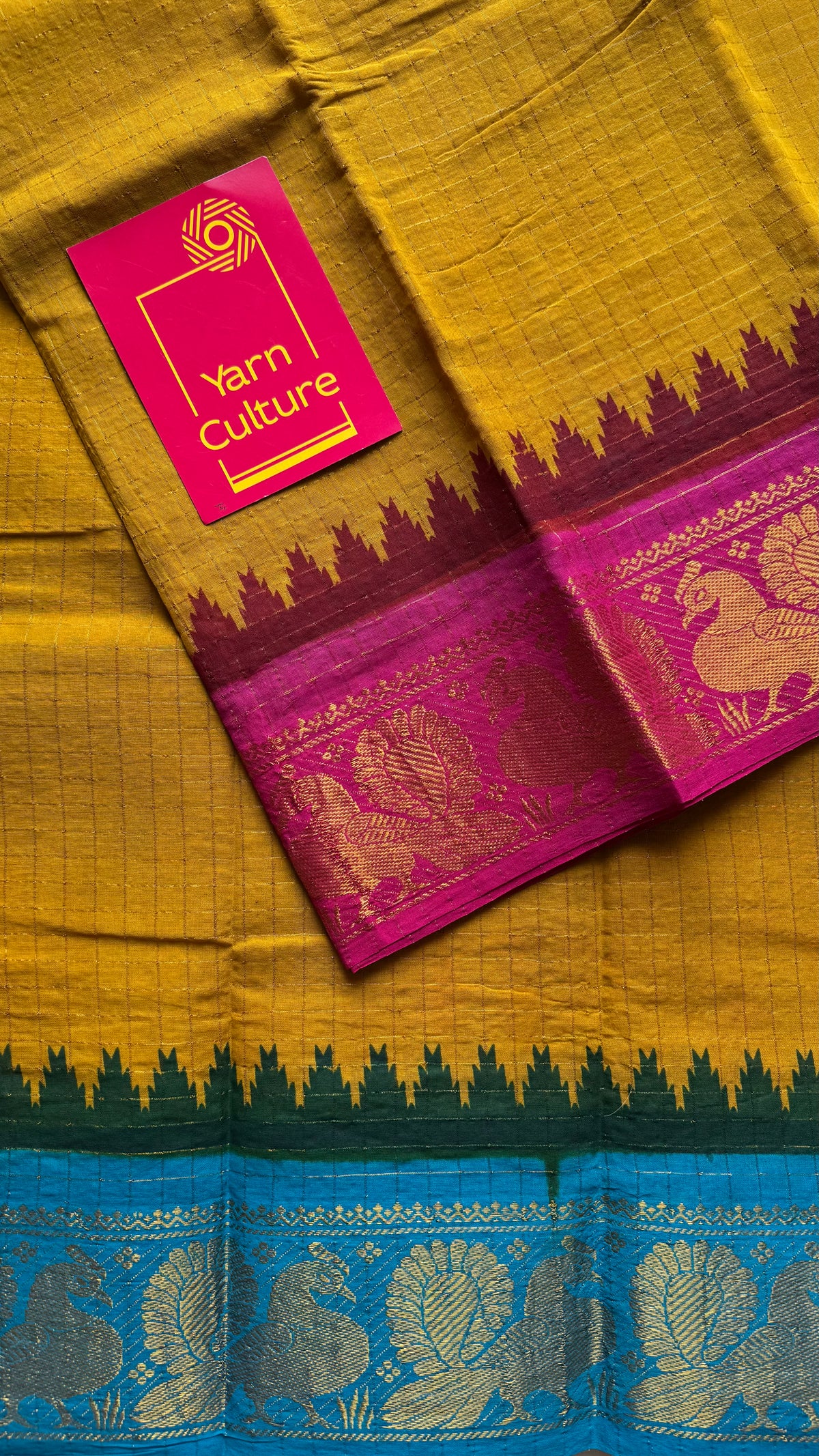 Sungudi cotton checks, mustard yellow base, blue and hot pink dual tone border, soft cotton - YCCOTNMSSE09