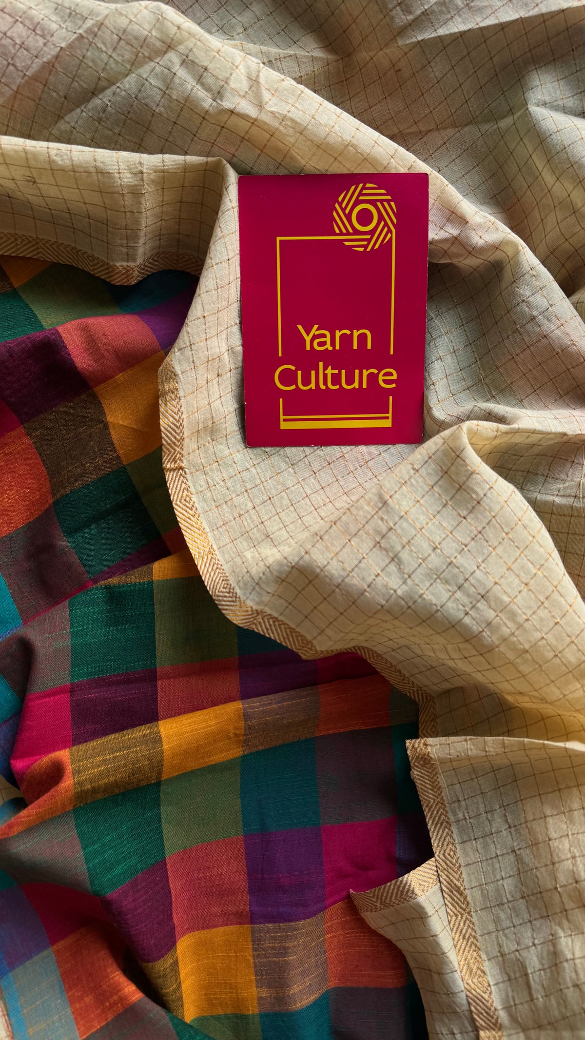 Ivory with multicoloured madras checks, cotton half and half saree - YCCOTNIDOC162