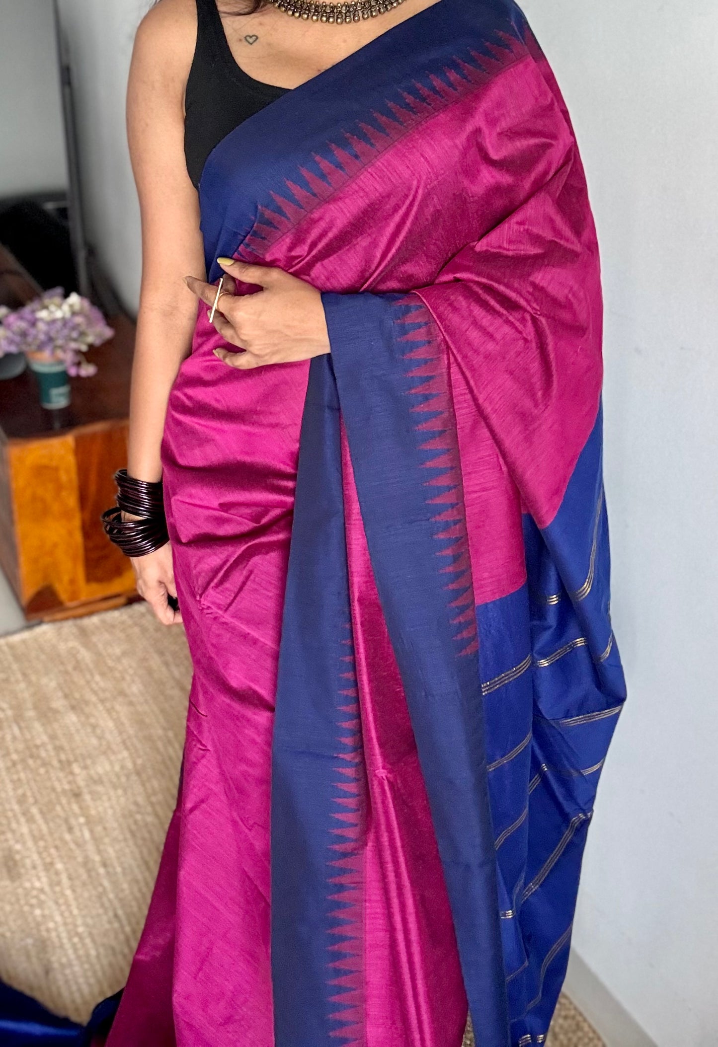 Magenta with blue contrast, temple border saree, cotton silk - YCCOTNTBFE62