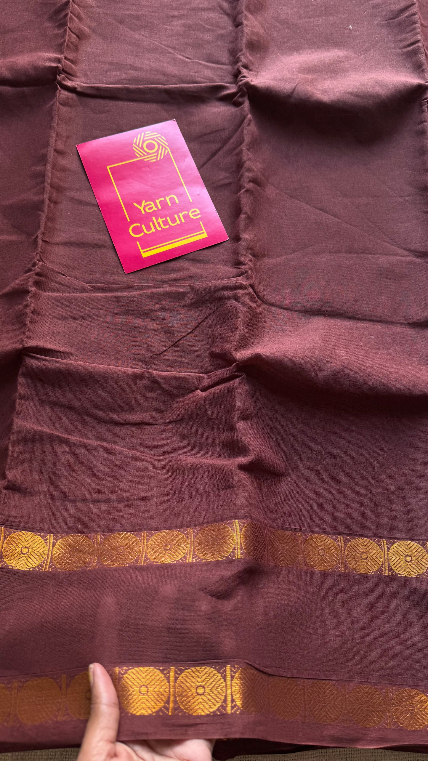 Brown with round motif gap border, kattuchayam dyed madurai cotton saree - YCCOTNMSFE114