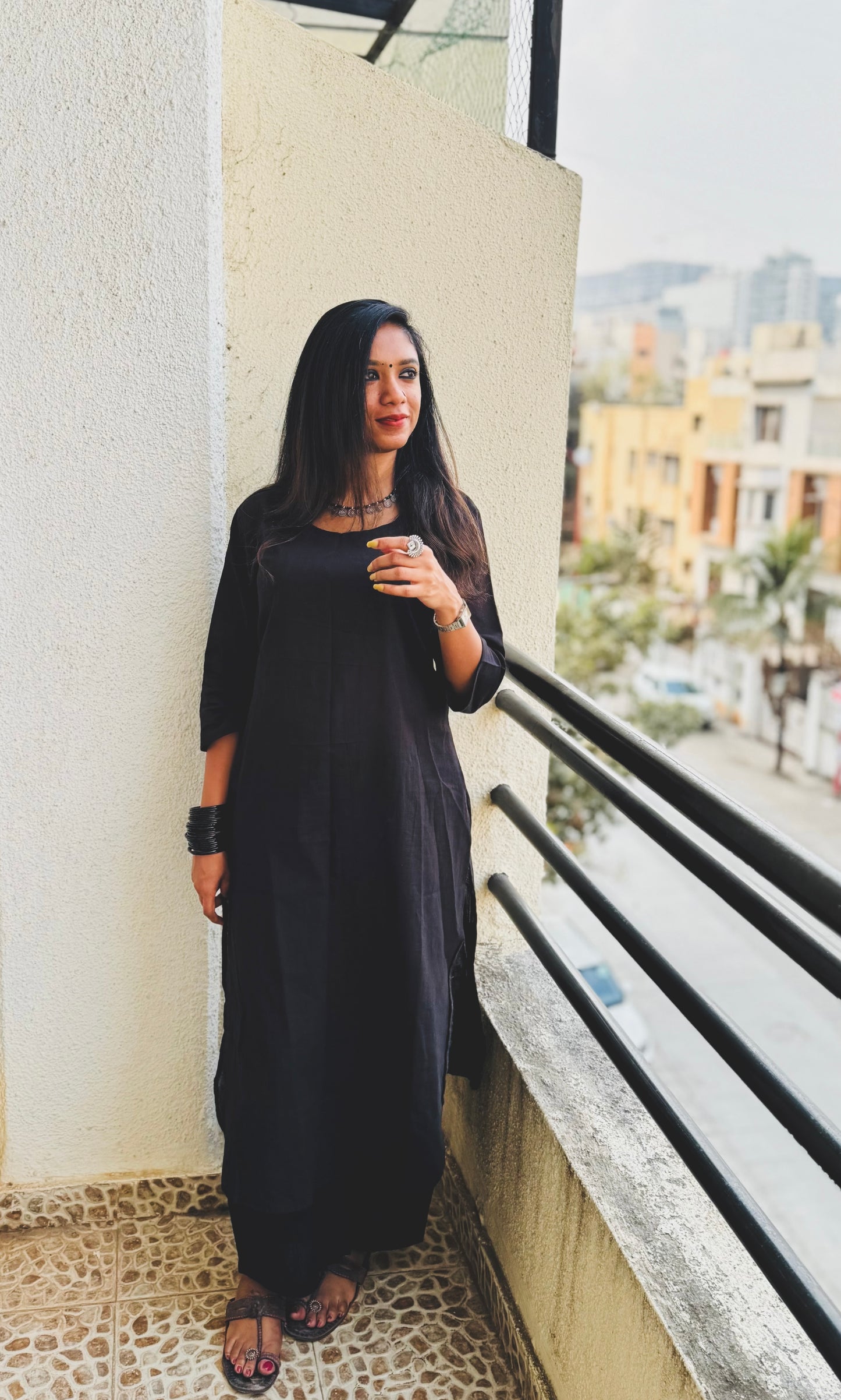 Black cotton round-neck stitched kurta co-ord set, three-fourth sleeves - YCSEBPSFE250