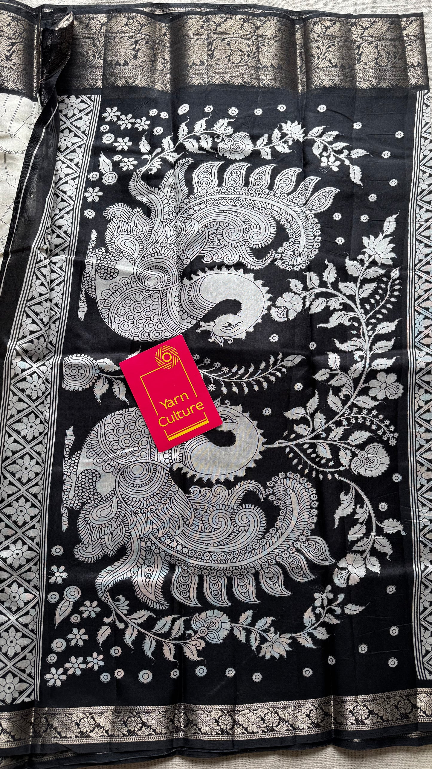 Off white and black, printed kalamkari, lotus motif, semi-tussar - YCWOTDSTK05