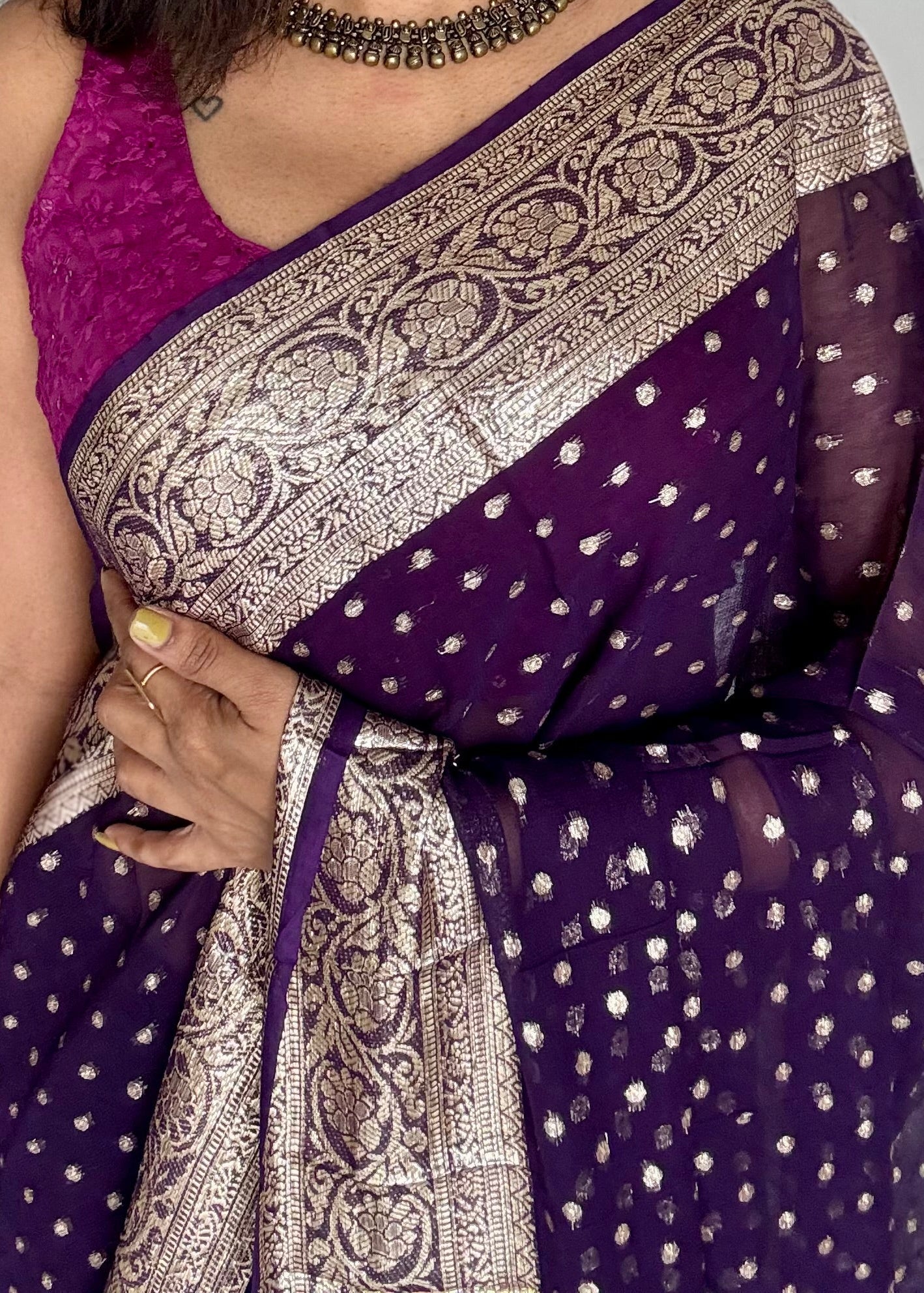 soft silk saree with satin border and jacquard zari motifs, lightweight farewell and partywear saree with elegant drape, flowy saree, georgette saree