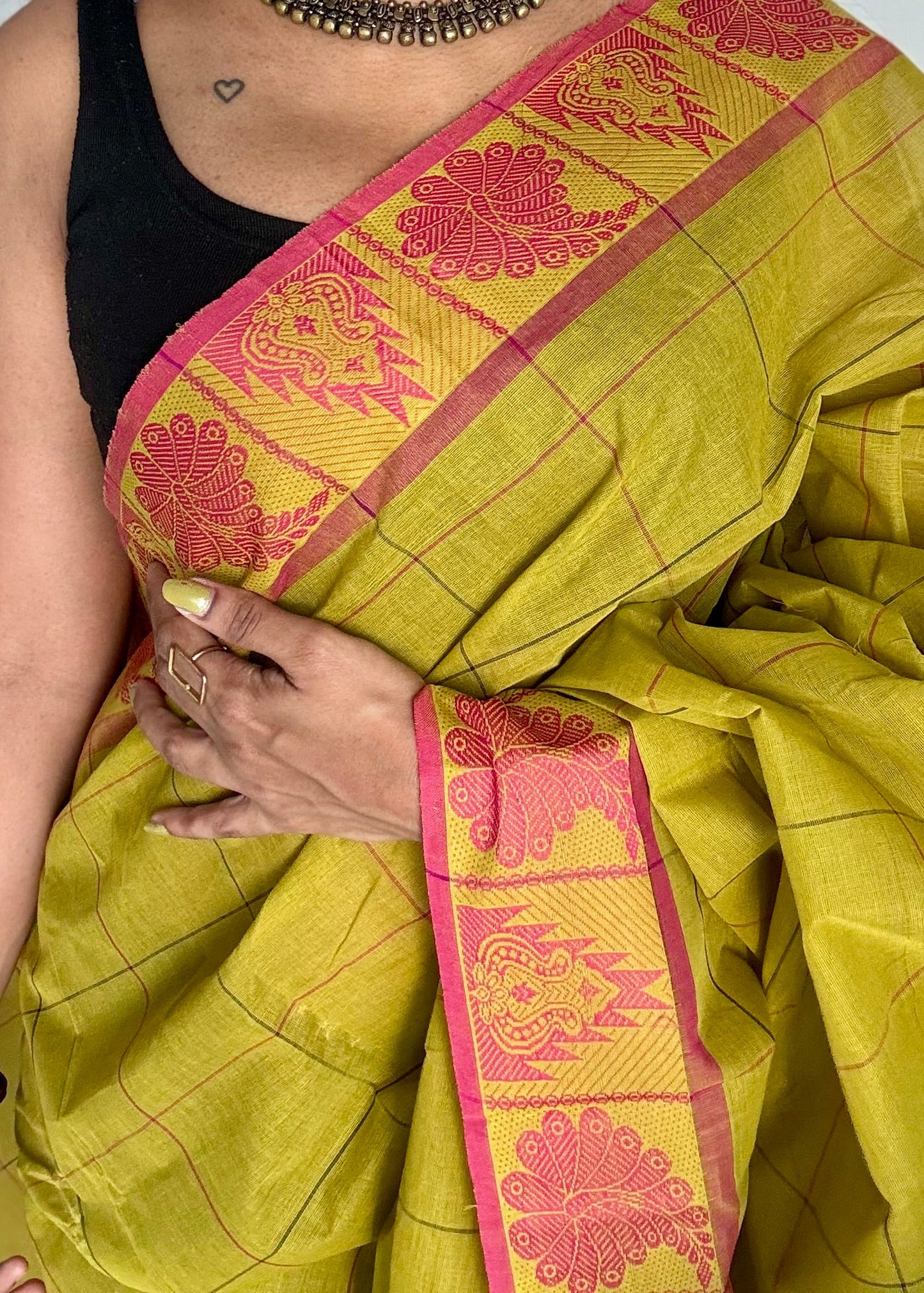 Chettinad cotton saree with lime green and pink checks, thread motif border - YCCOTNJUCC04