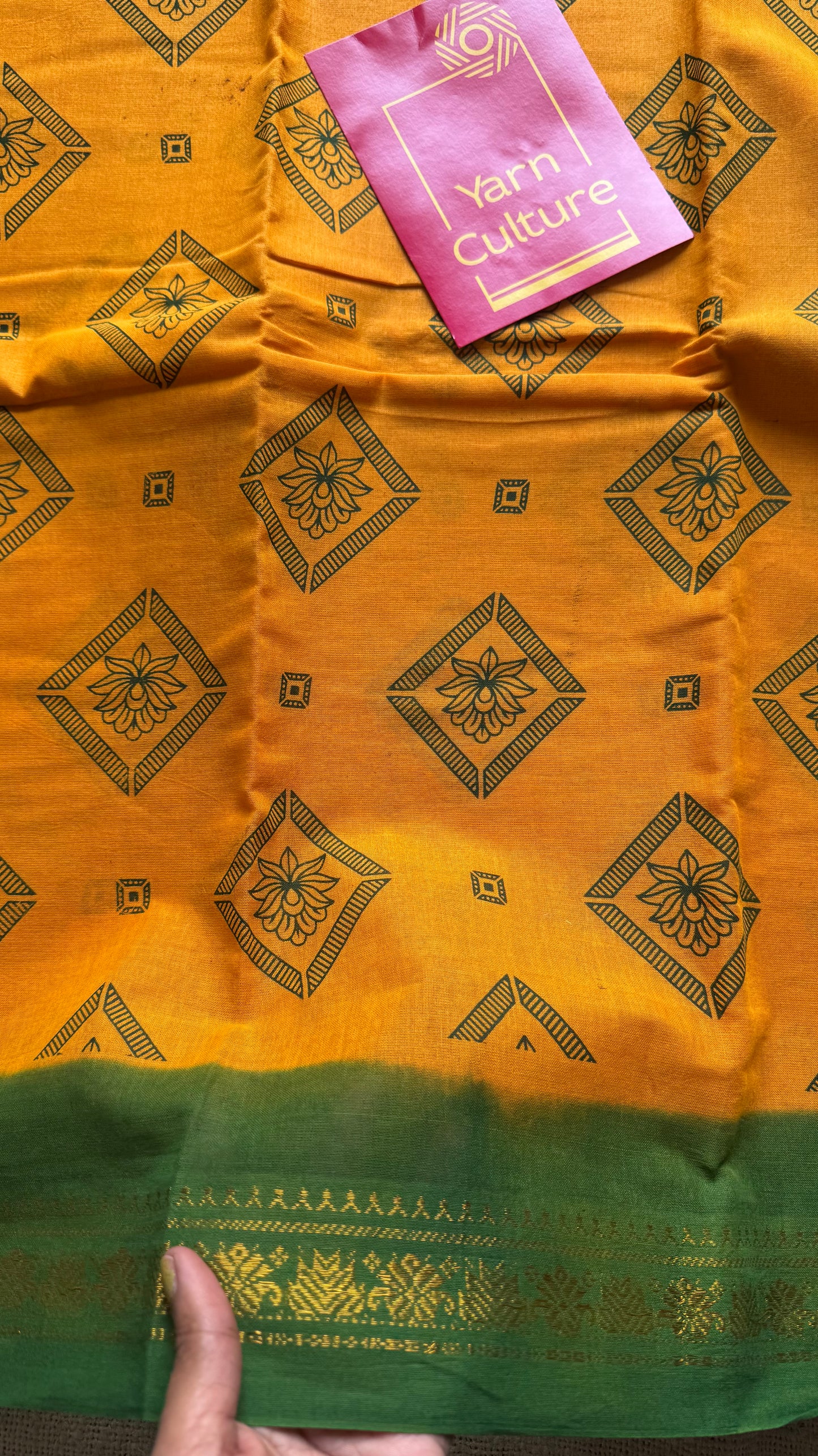 Yellow with green, motif printed, kattuchayam dyed madurai sungudi cotton saree - YCCOTNMSFE72