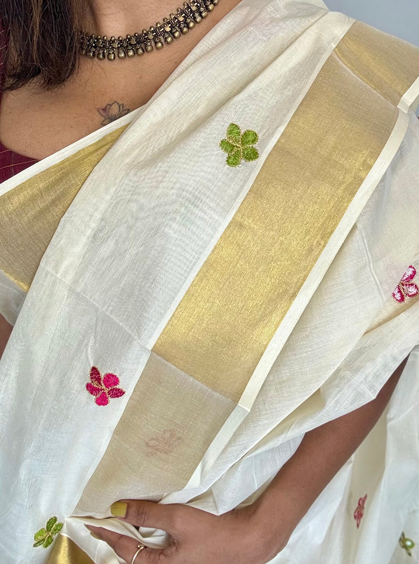 Ivory and gold saree with light green and hot pink floral embroidery - YCIEKCFE310