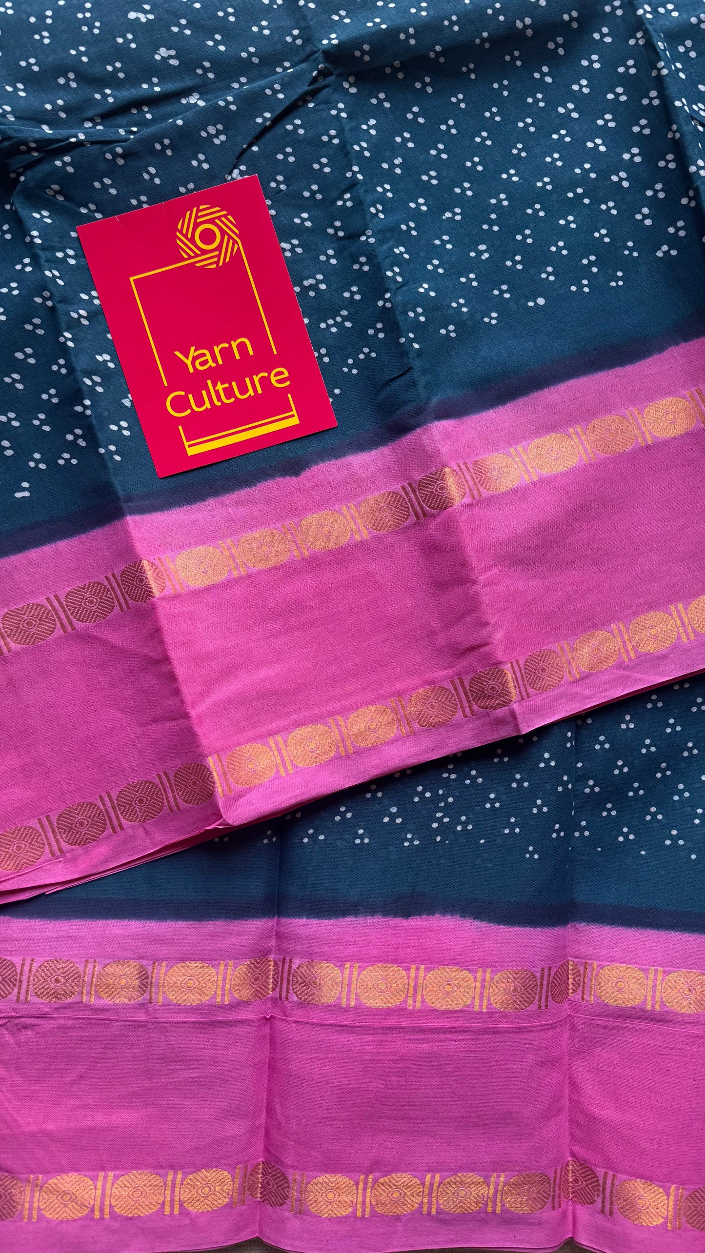 Peacock blue with pink contrast border, kattuchayam dyed madurai sungudi cotton saree - YCCOTNMSFE84