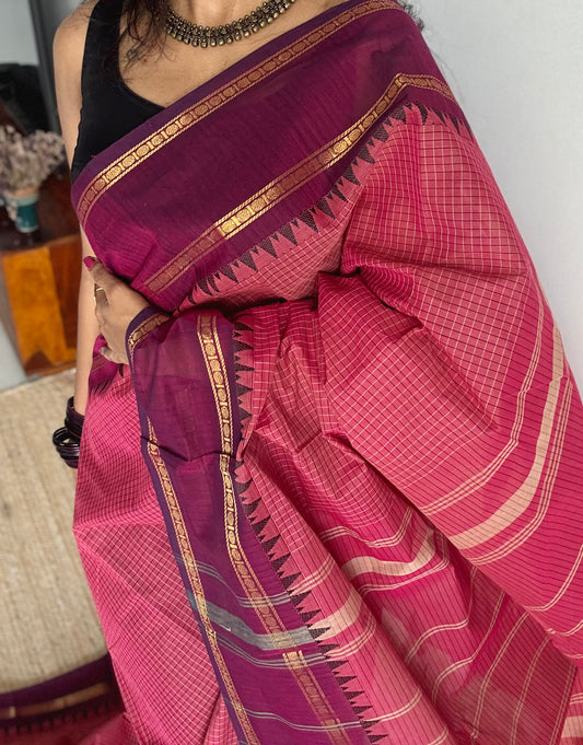 Dark pink with maroon border, temple motifs, checkered body, kanchi cotton - YCCOTNOCKC29