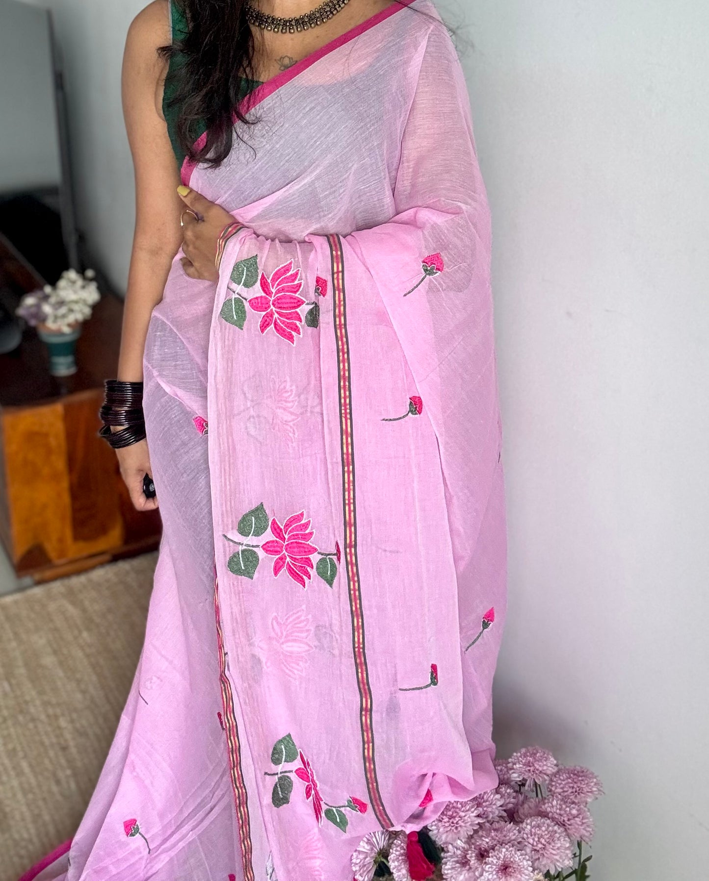 Pink mul with pink lotus embroidery and coloured zari - YCBCMCNO64