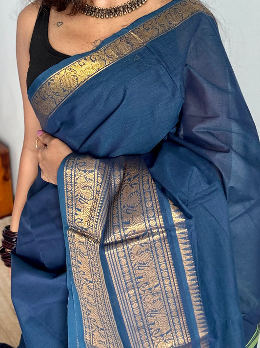 Peacock blue, wide zari border, kanchi cotton - YCCOTNKCJA214