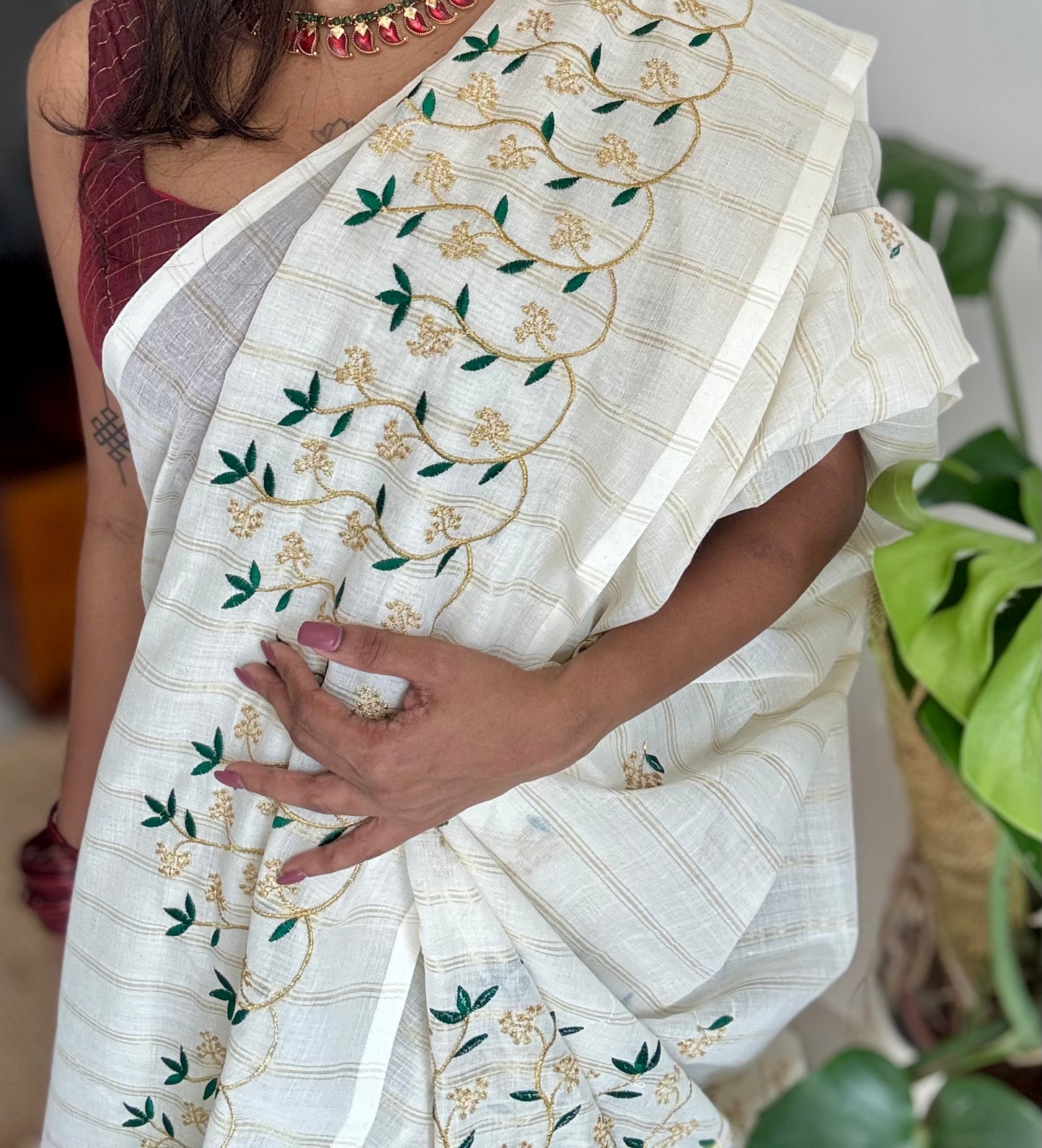 Ivory and gold soft cotton saree, dark green floral vine embroidery  - YCIEON57