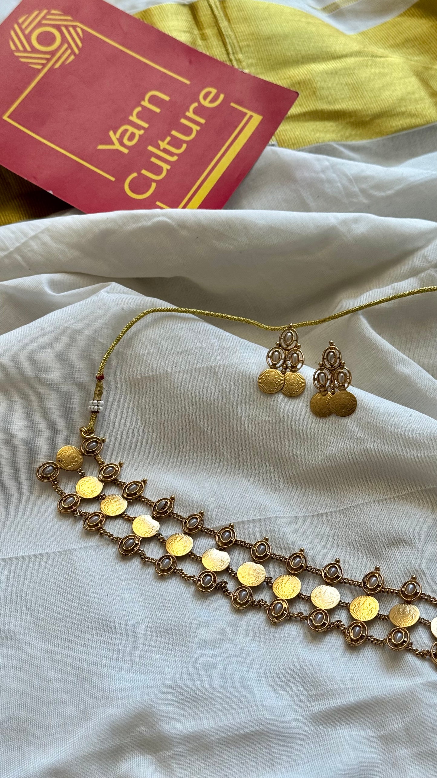 3 layered coin and pearl neckpiece with earrings - YCGPNP633a