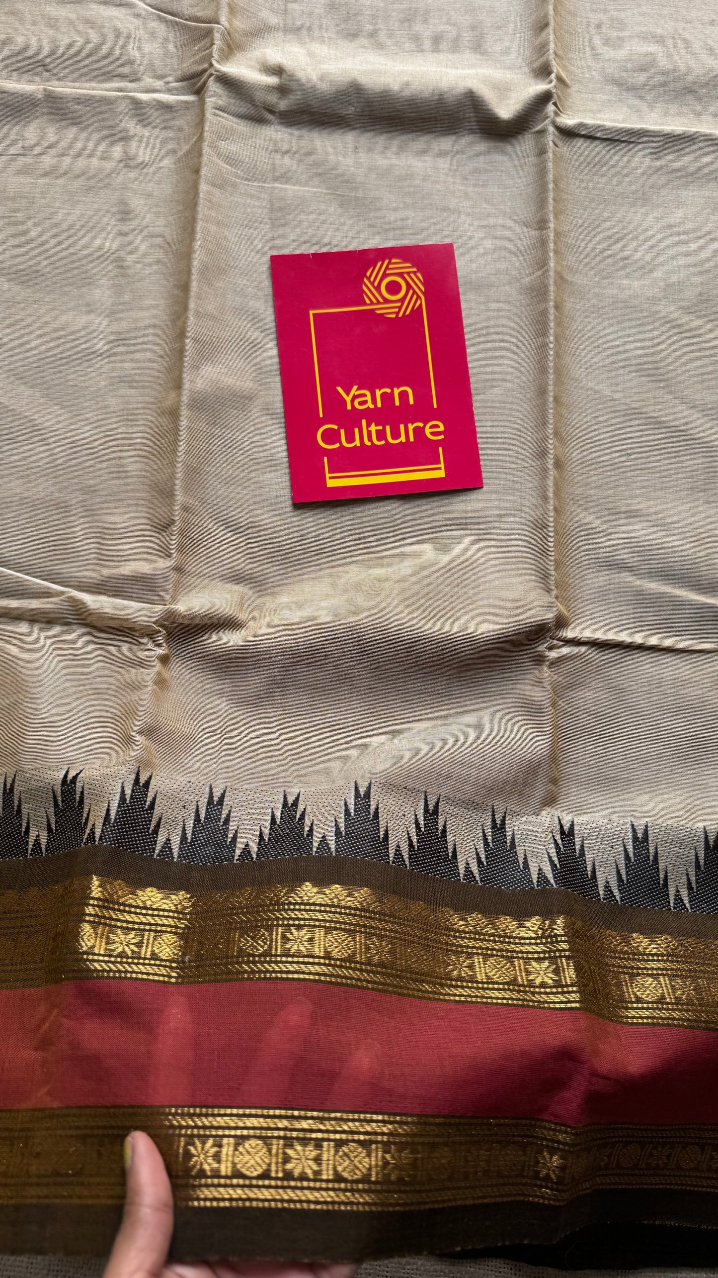 Cream with light red Kanchi cotton saree with rettaipettu double border - YCCOTNCCFE71