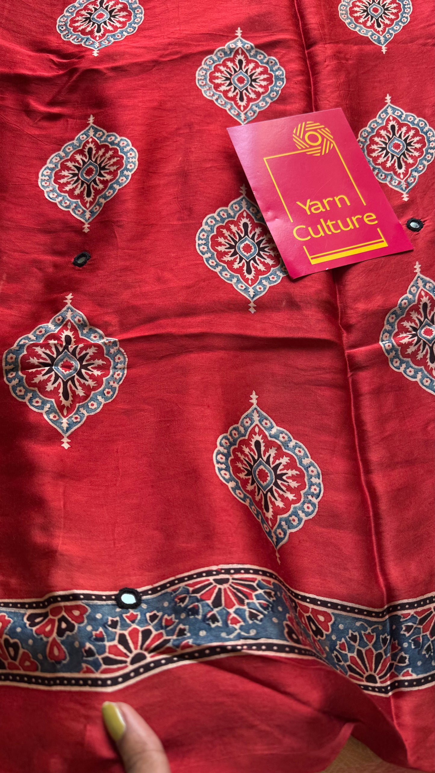 Red pure modal silk saree with ajrakh handblock print and mirror work - YCTOKAJM338