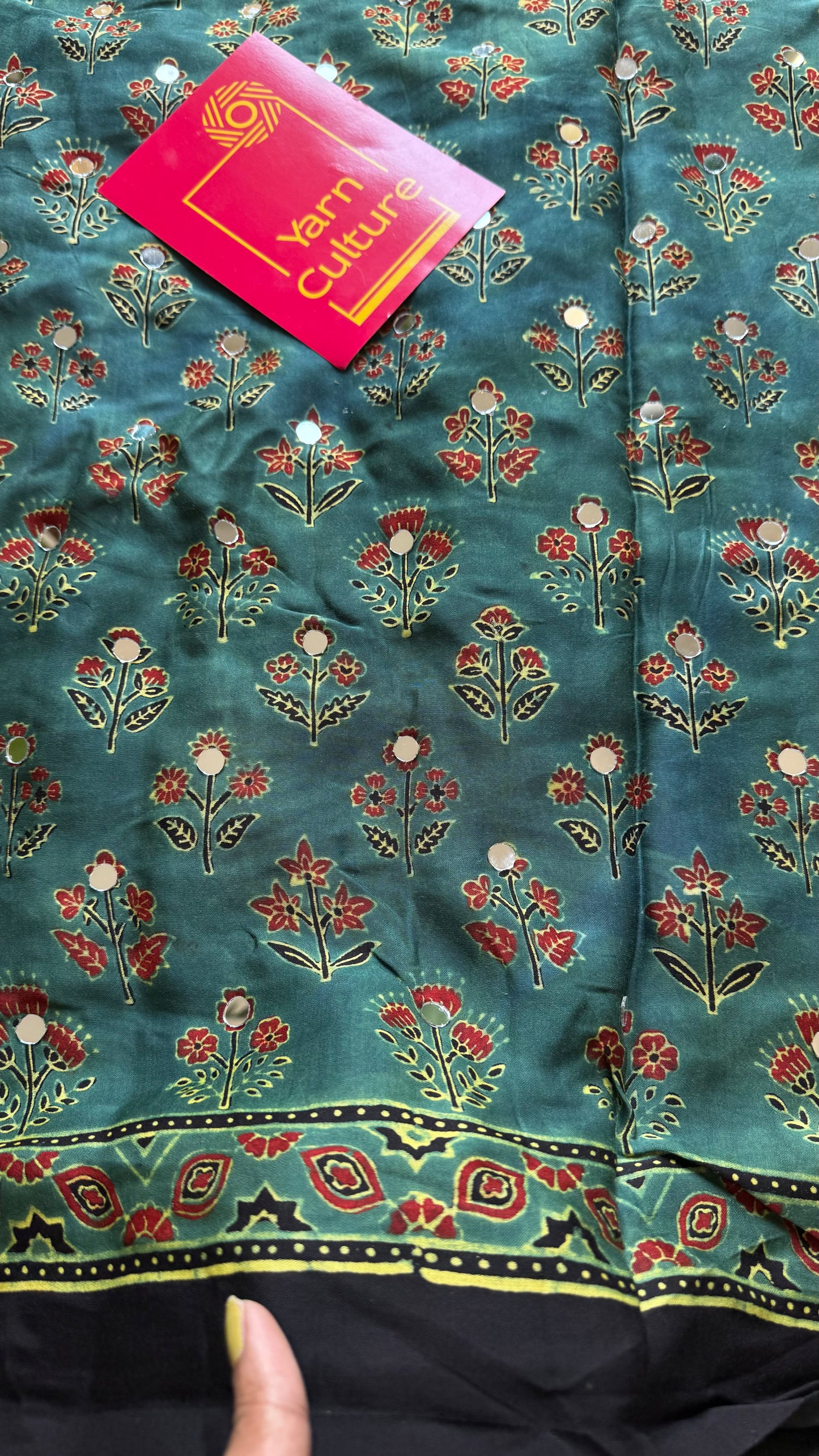 Jade green pure modal silk saree with ajrakh handblock print and mirror work - YCTOKAJM340