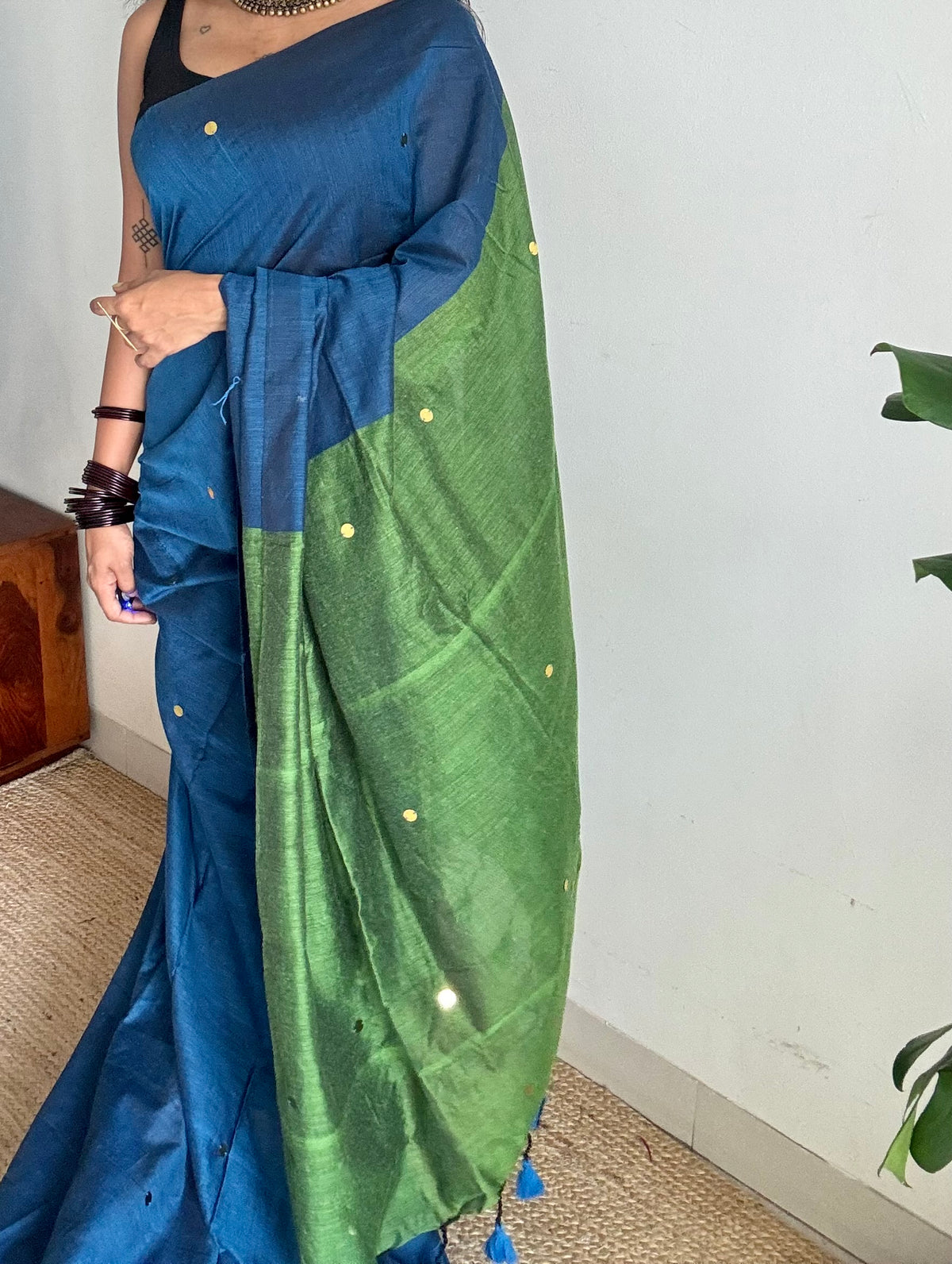 Blue with green contrast pallu, gini sequins, soft cotton saree - YCBCSCOC03