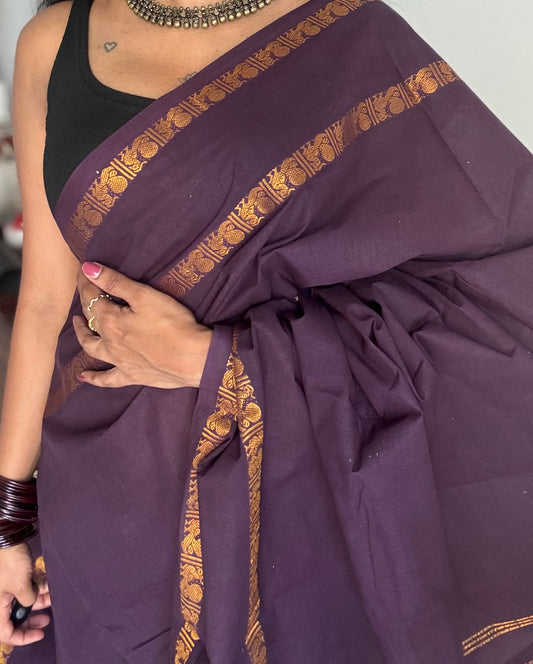 Purple brown rettaipettu peacock gap border, kattuchayam dyed madurai cotton saree  - YCCOTNMSAP98