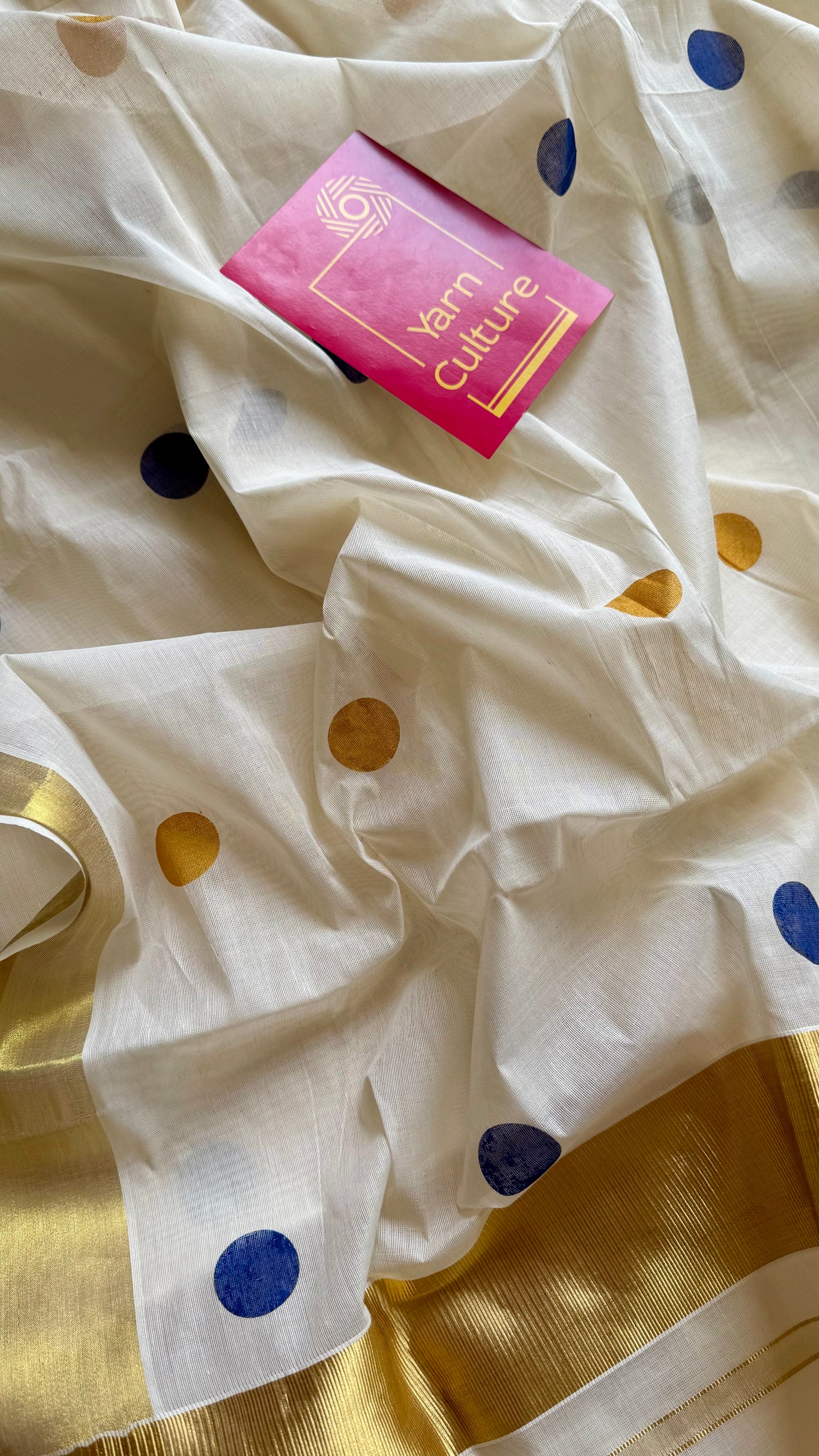 Ivory and gold soft cotton kasavu saree, navy blue and yellow polka - YCIEON73