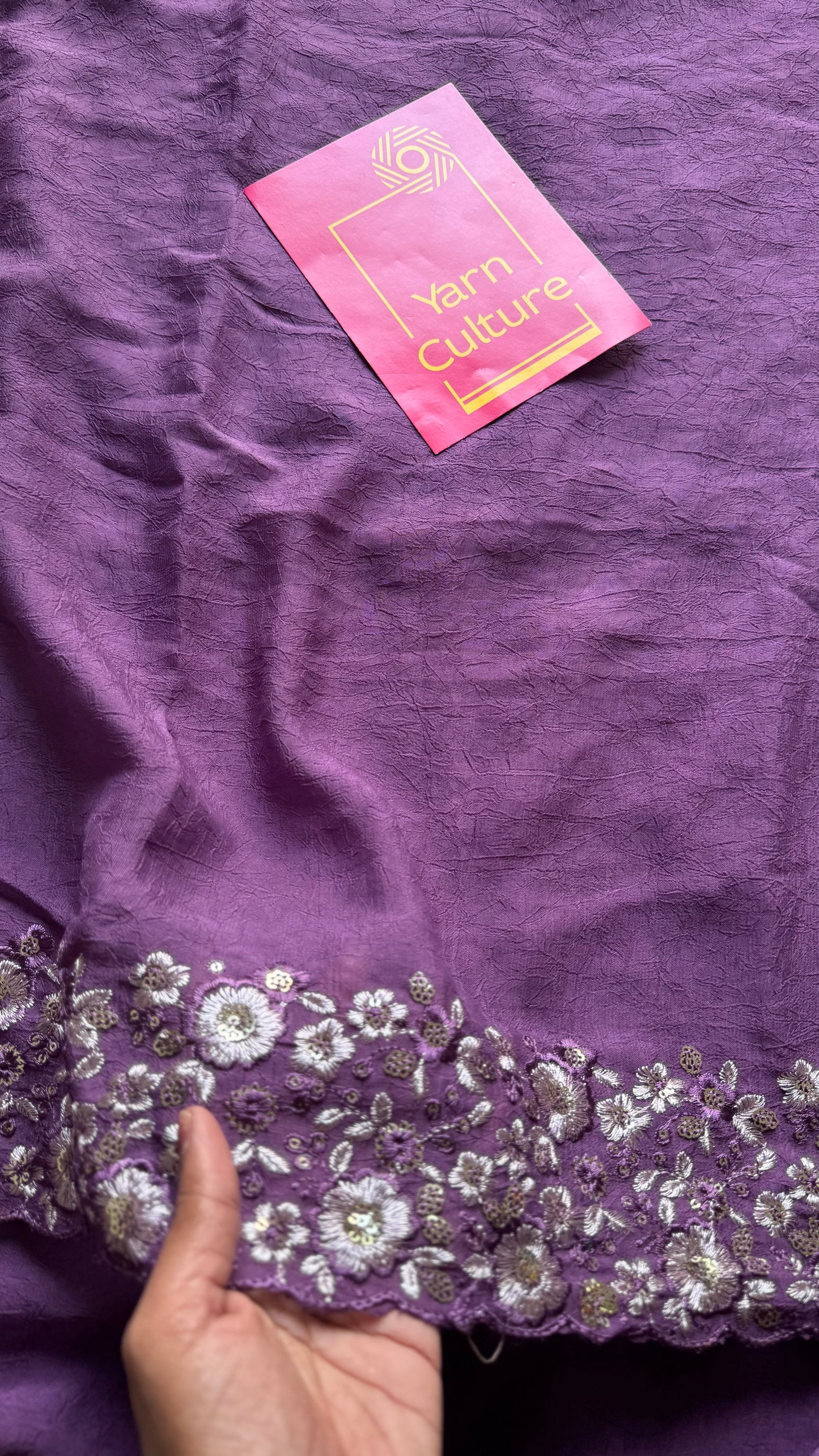 Purple Garden - dark purple with floral sequins embroidered borders, semi-crepe- YCDOSNO47