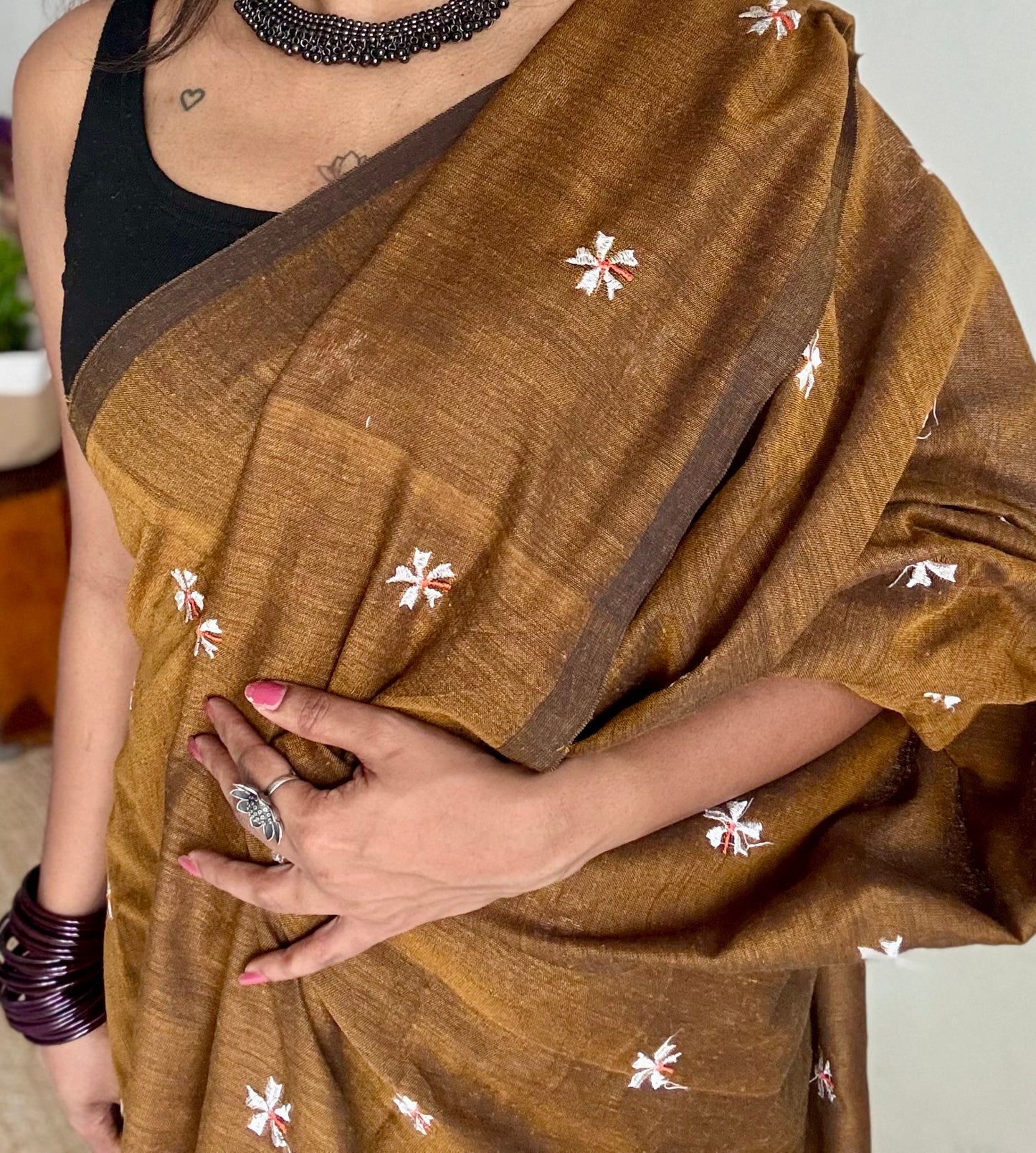 Mustard brown parijat soft cotton saree  - YCBCKCAP39