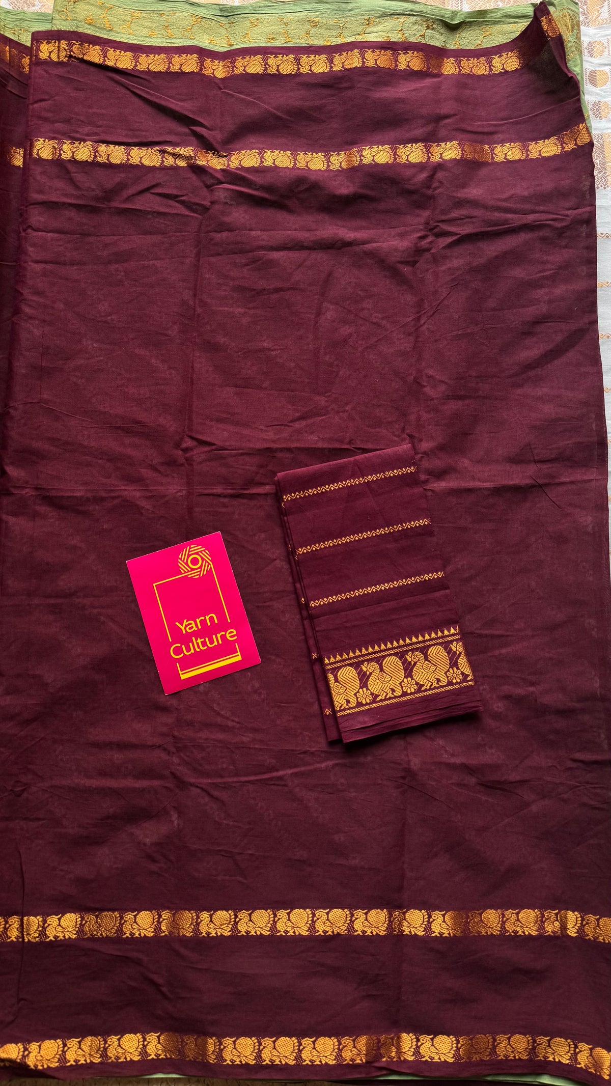 Pista green with maroon, cotton half and half saree - YCCOTNIDOC140