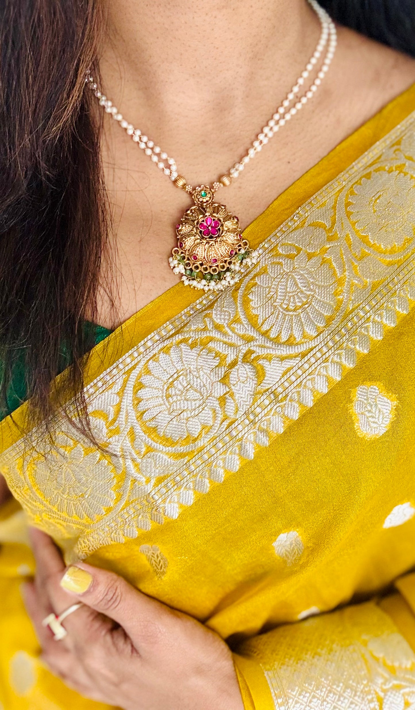 Floral ruby green pendant pearl chain neckpiece with earrings - YCGPNP667