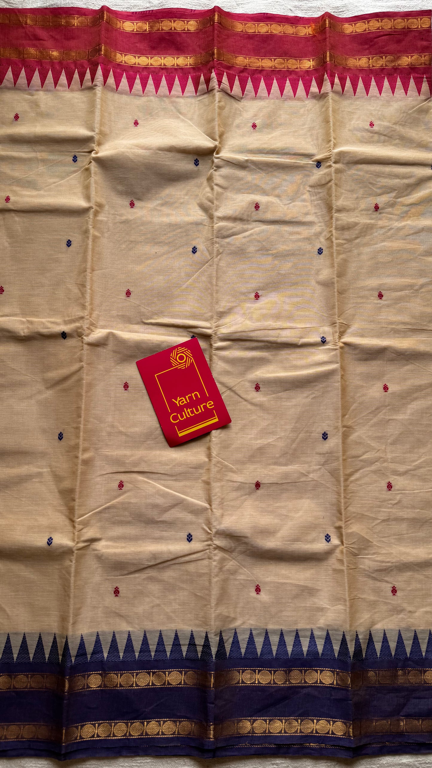 Kanchi cotton saree, cream with light red and violet dual border - YCCOTNAP99