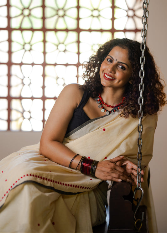 Lakshmi : Manjadi - red embroidery, sandal & black, soft kerala cotton - YCIEON164