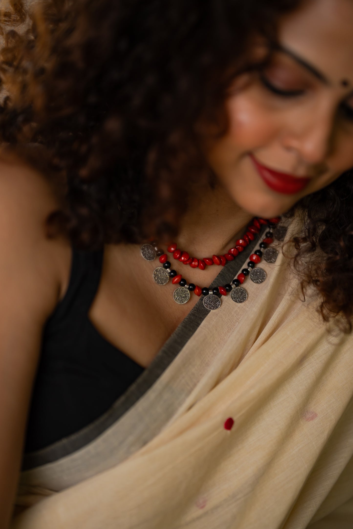 Lakshmi : Manjadi - red embroidery, sandal & black, soft kerala cotton - YCIEON164