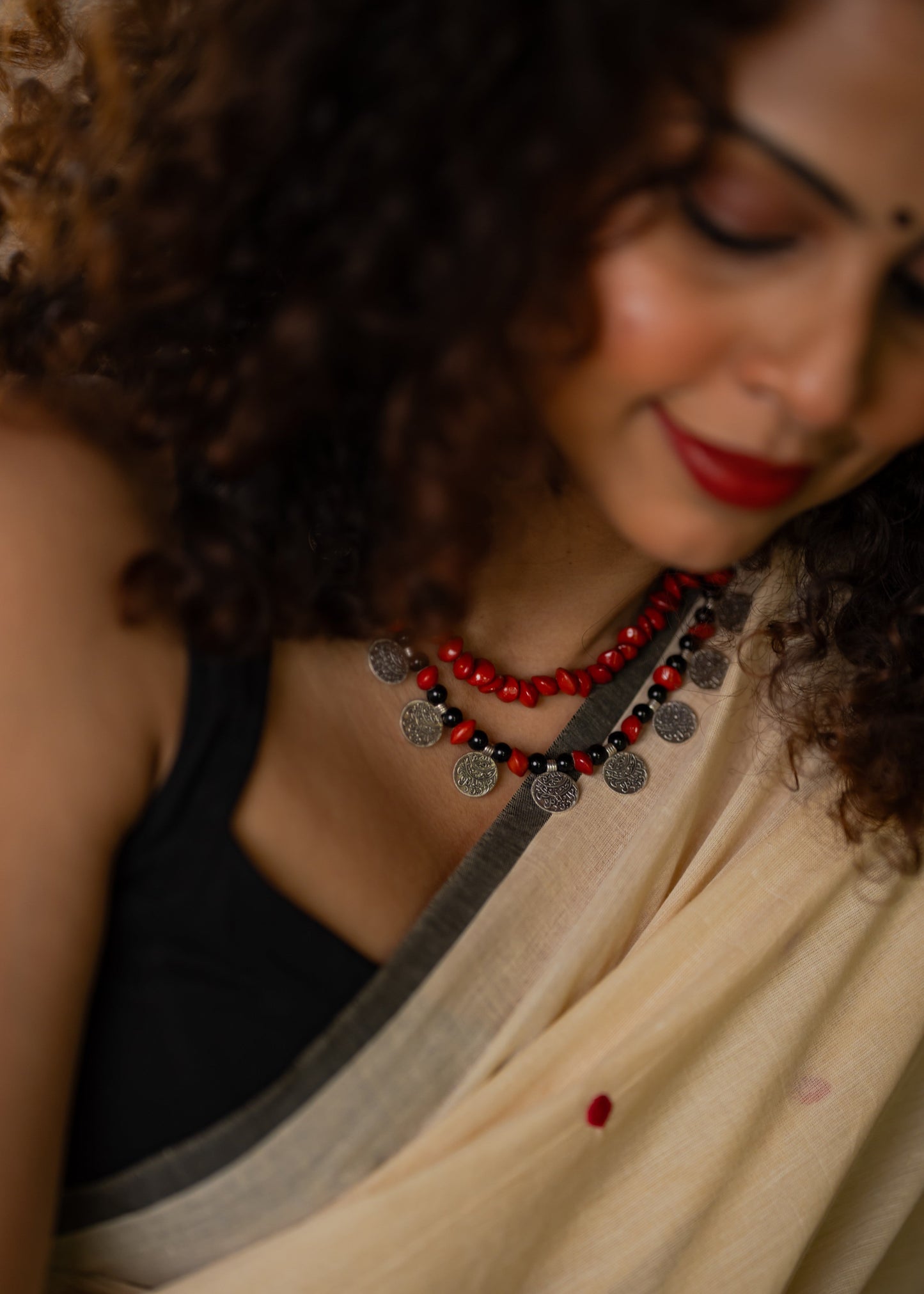 Red lucky seed (manjadi) + coin neckpiece combo - YCNP813