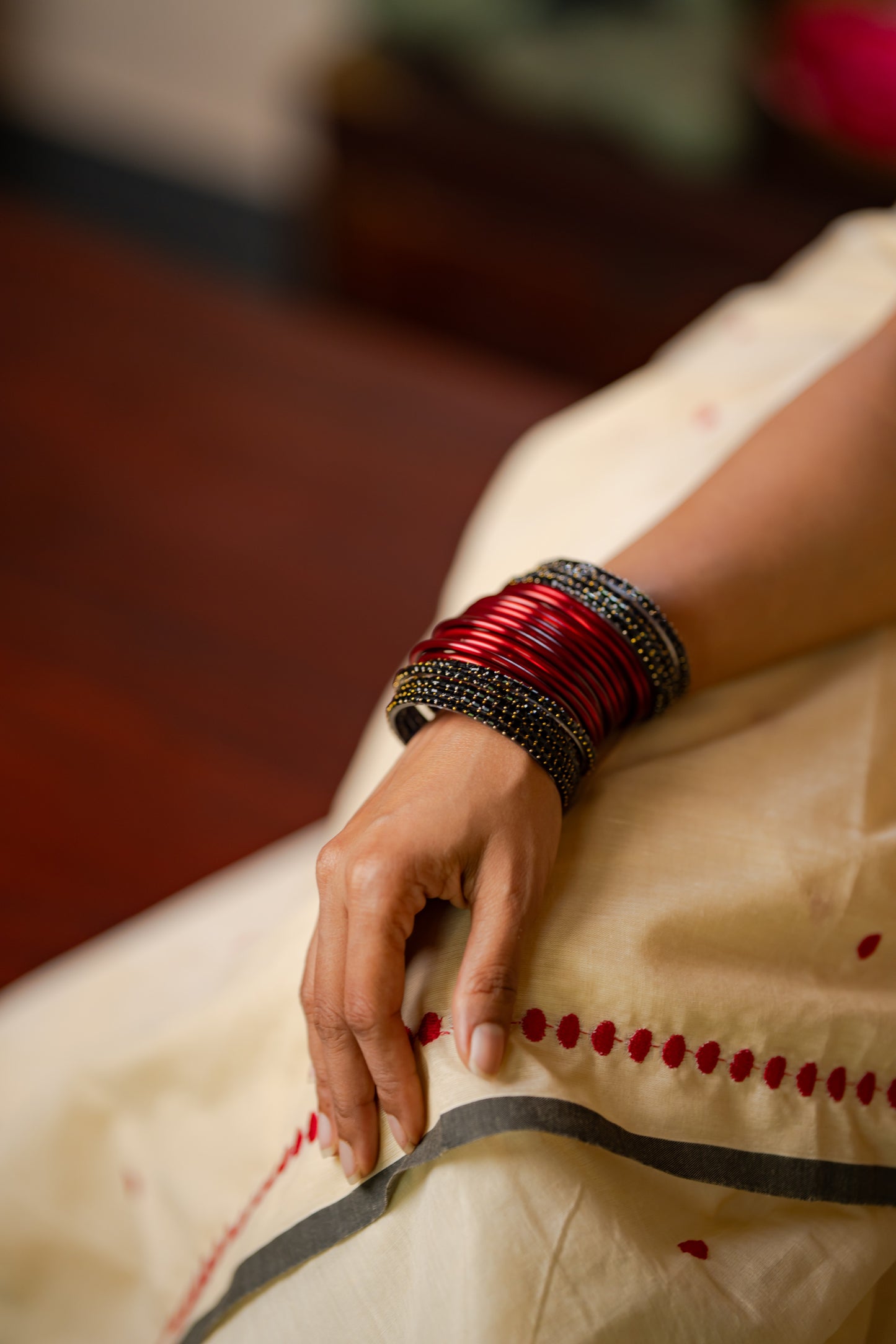 Lakshmi : Manjadi - red embroidery, sandal & black, soft kerala cotton - YCIEON164