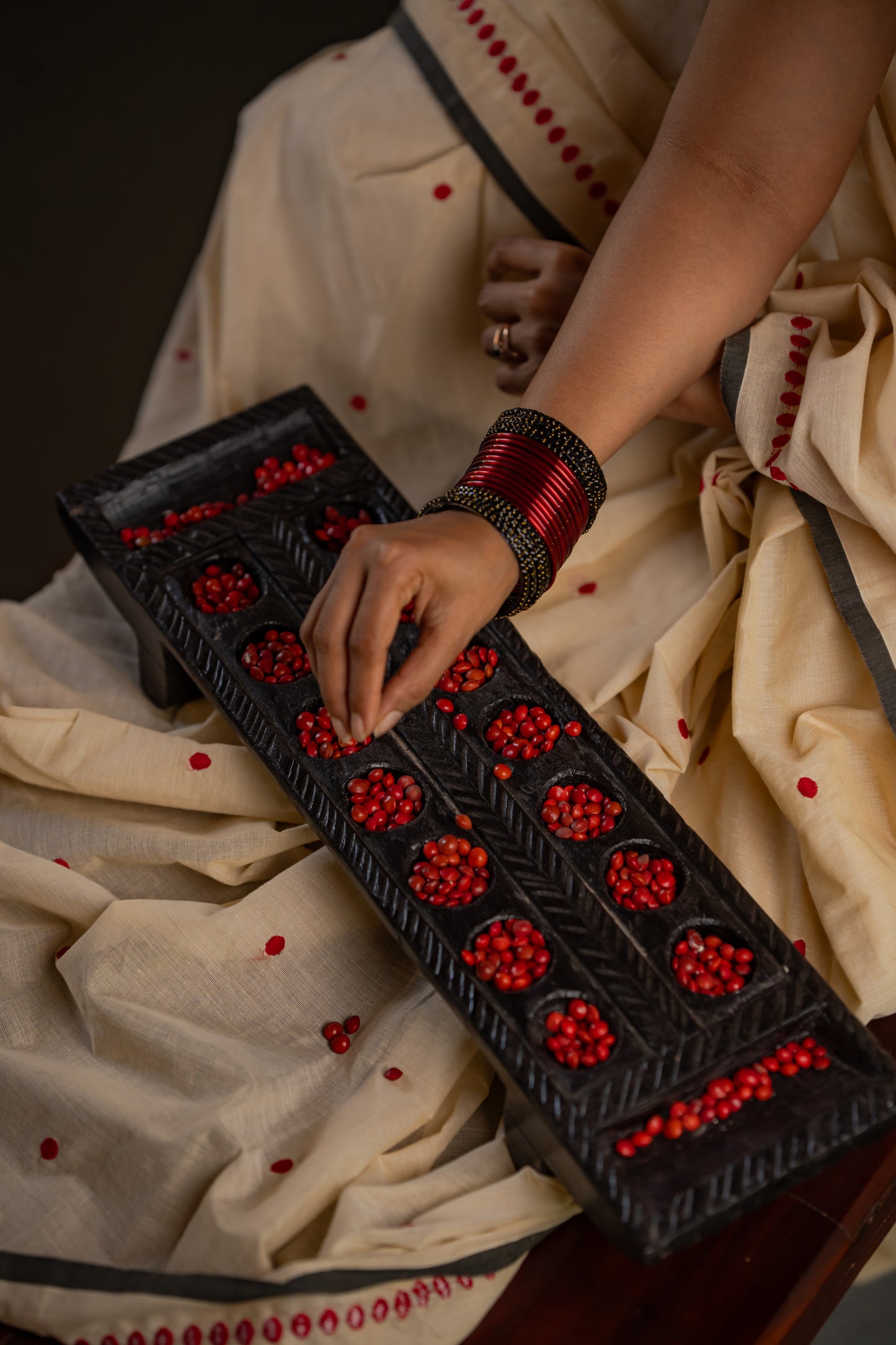 Lakshmi : Manjadi - red embroidery, sandal & black, soft kerala cotton - YCIEON164